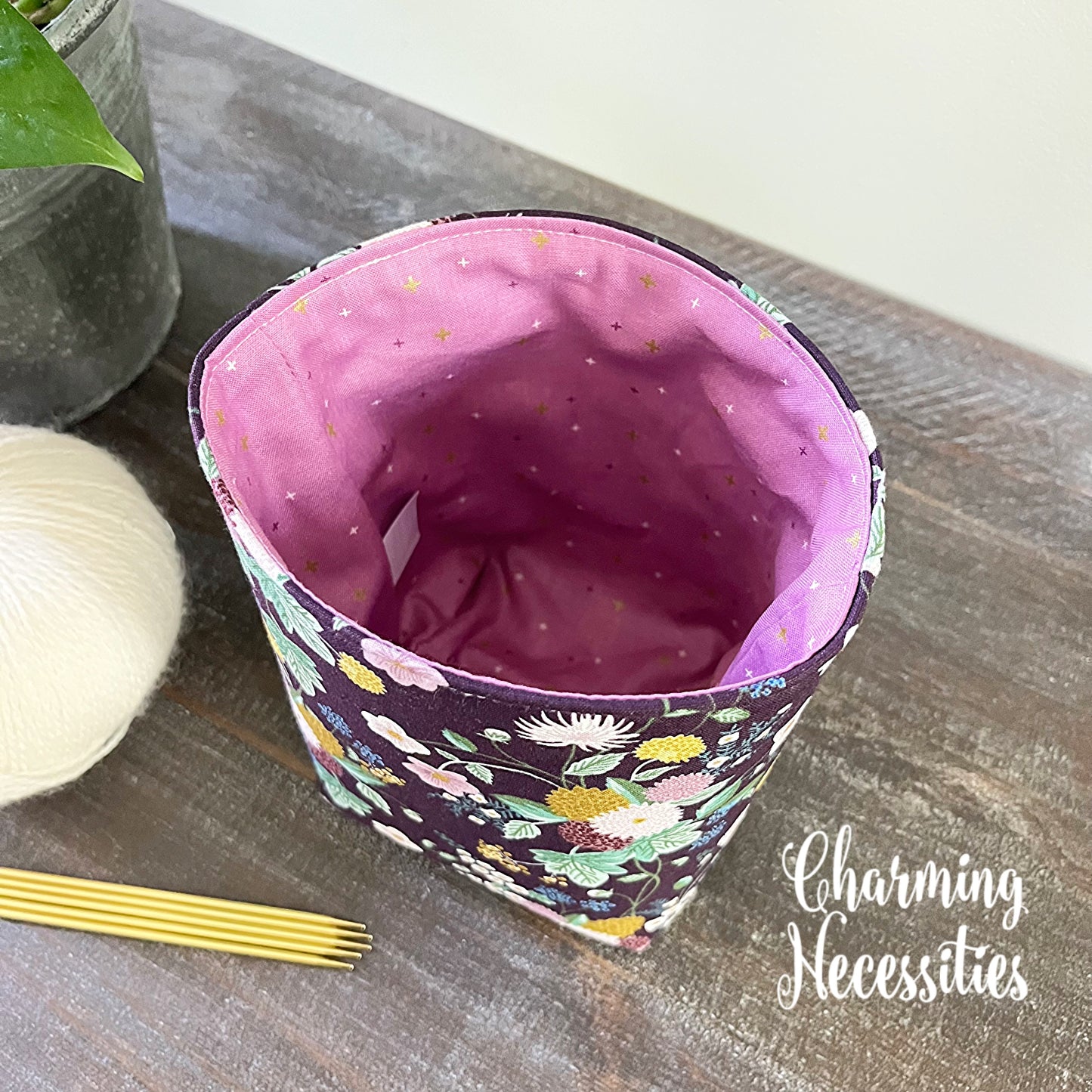 Yarn Bowl Cozy Basket, Rifle Paper Co Dahlia Aubergine, Knitting Accessories Yarn Storage Organization