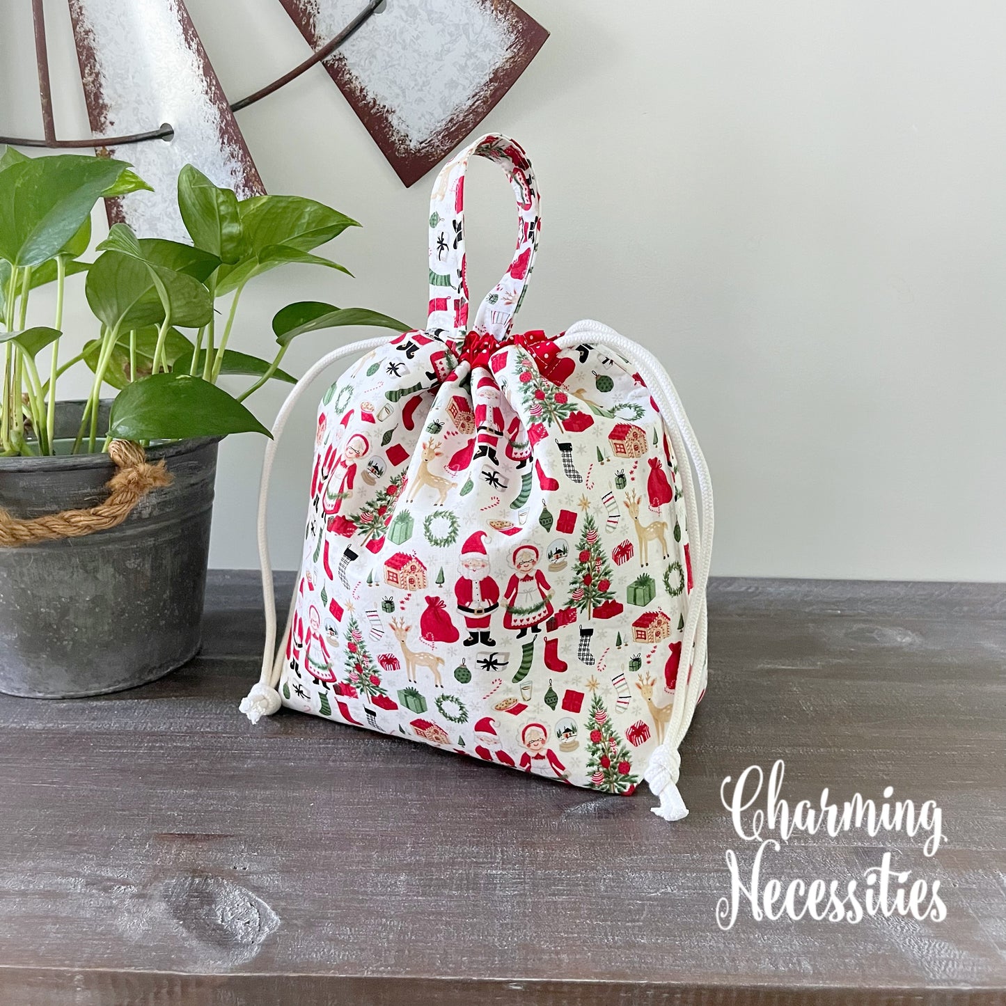 Knitting Project Bag, Santa and Mrs Claus Christmas Drawstring Tote