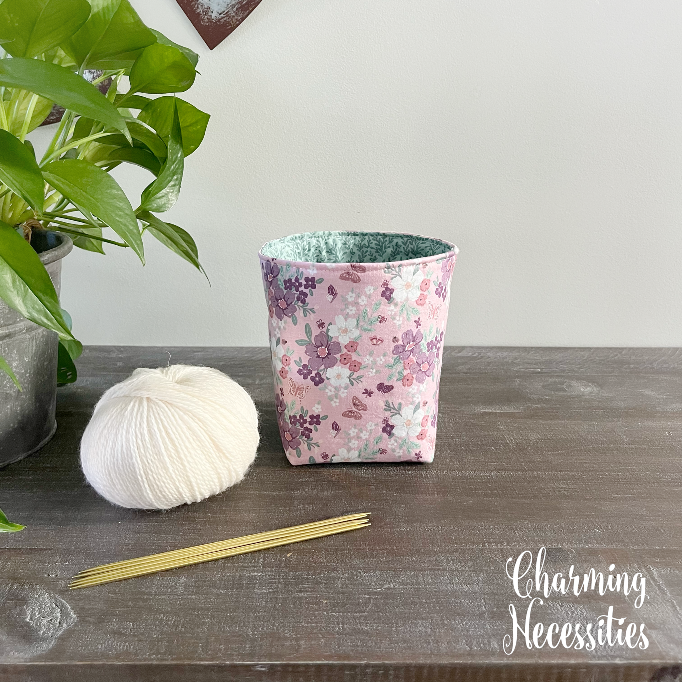 Yarn Bowl Cozy Basket, Floral & Butterflies Pink Mint, Knitting Accessories Yarn Storage Organization