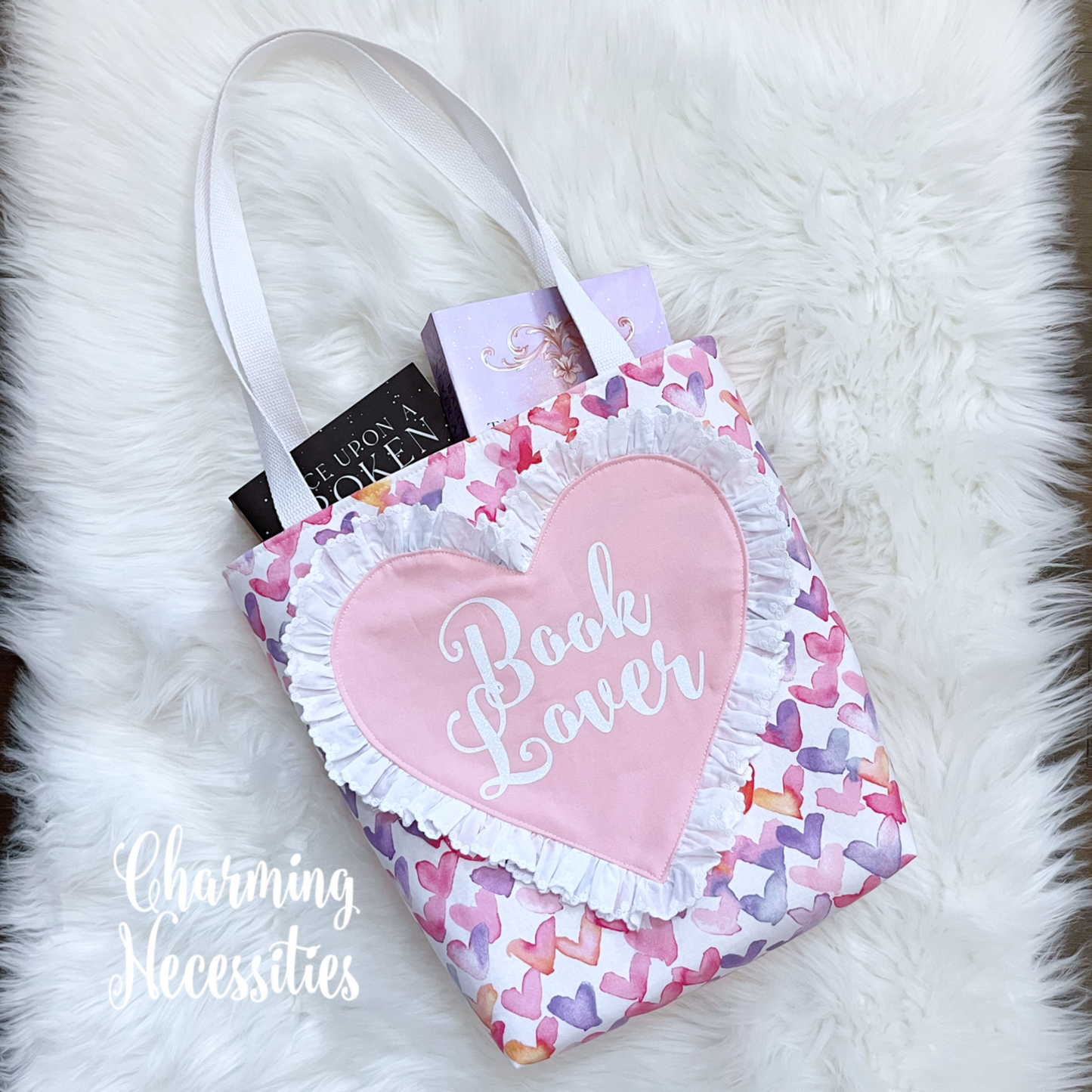 Book Lover Heart Tote Bag, Watercolor Hearts Bag by Charming Necessities