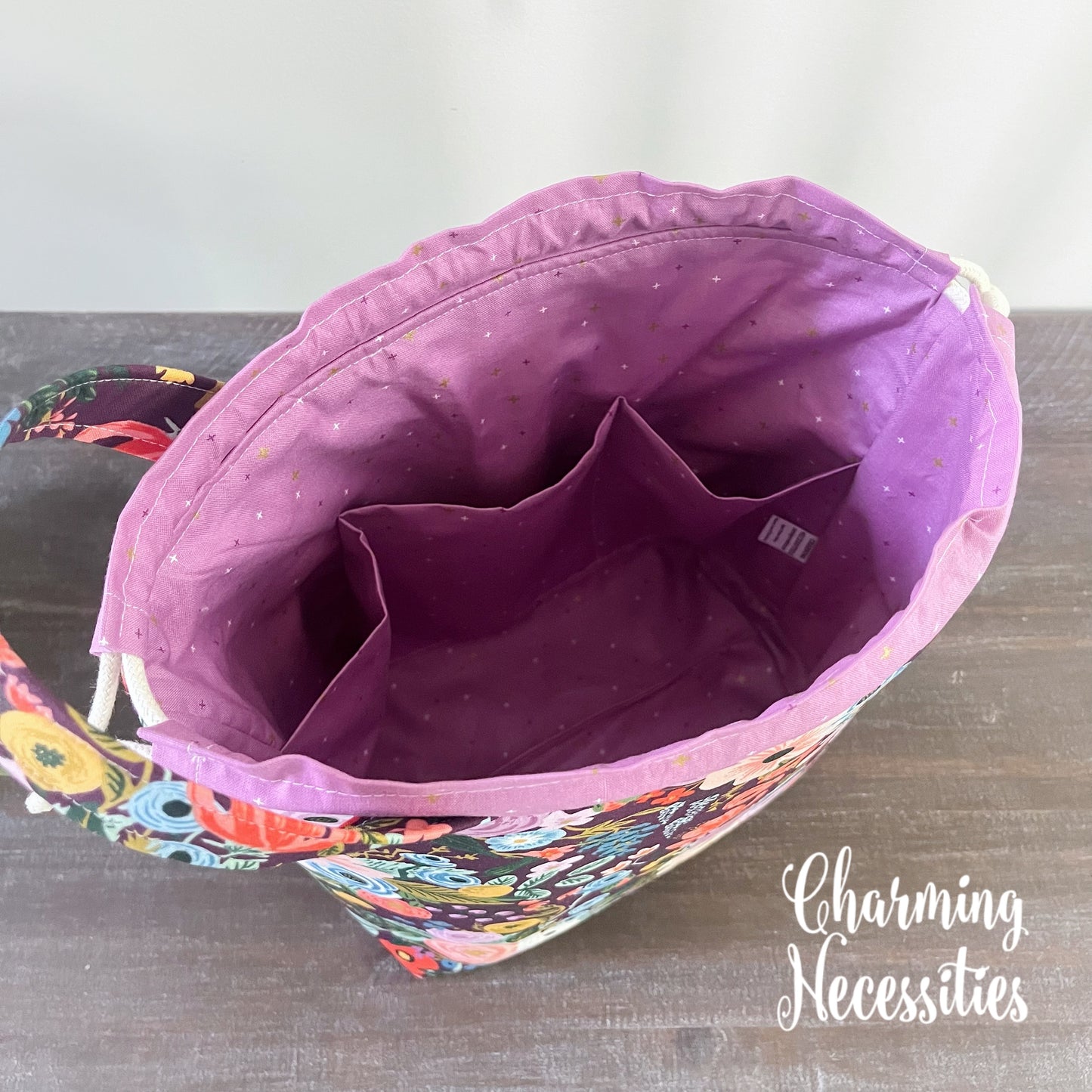 Knitting Project Bag, Rifle Paper Co Orchard Garden Party Burgandy Drawstring Tote