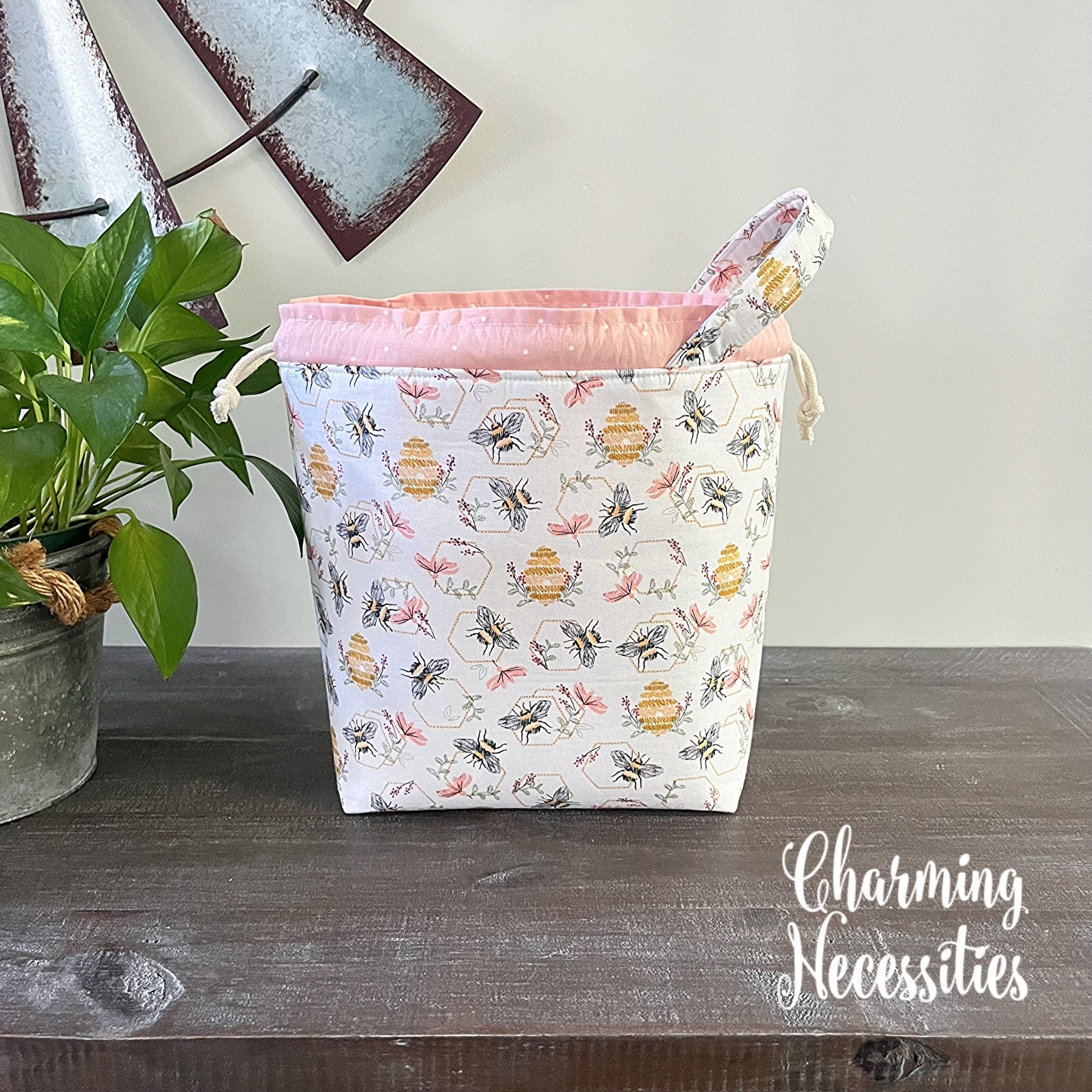 Knitting Project Bag, Honey Bees and Beehives Drawstring Tote