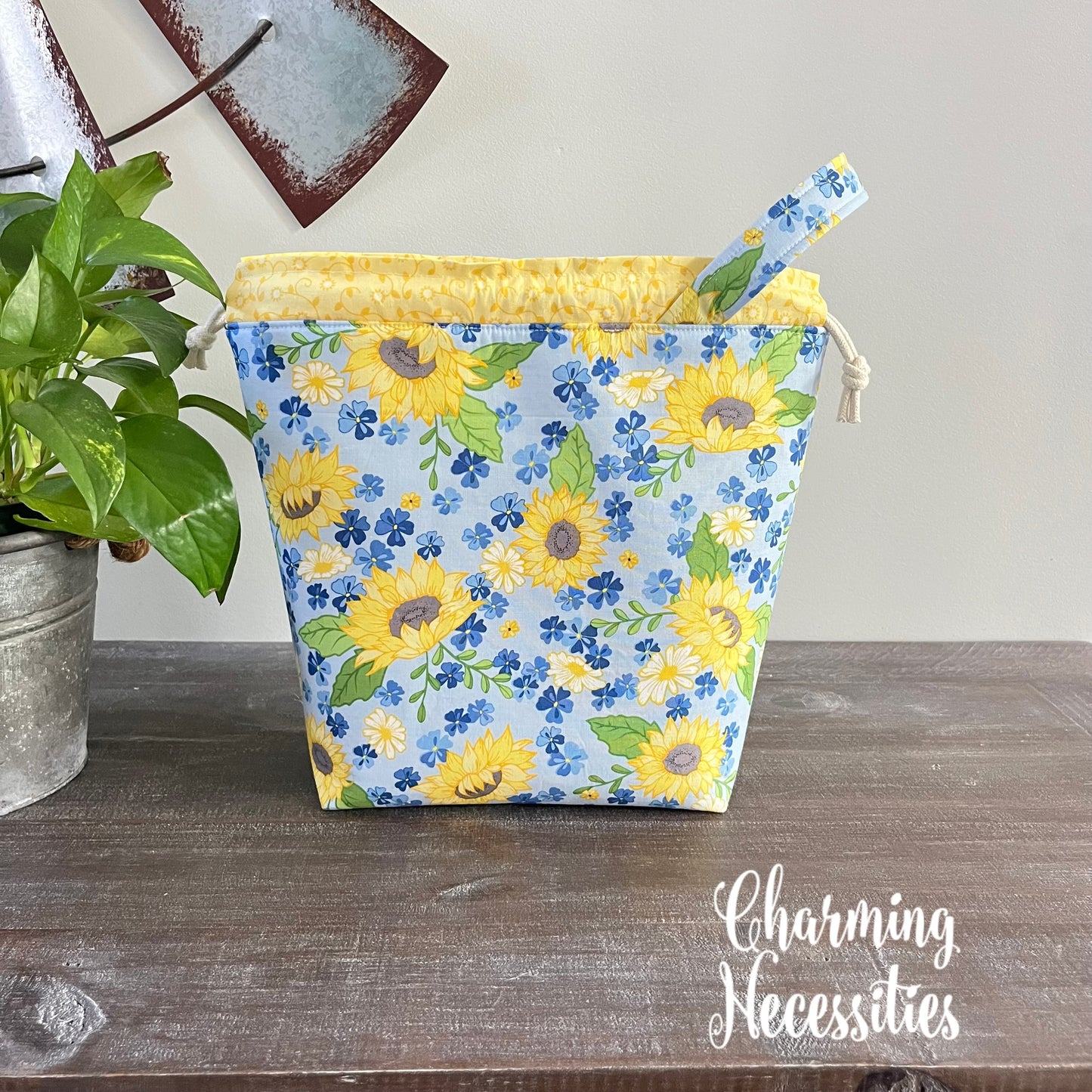 Knitting Project Bag, Sunflowers on Blue Floral Drawstring Tote