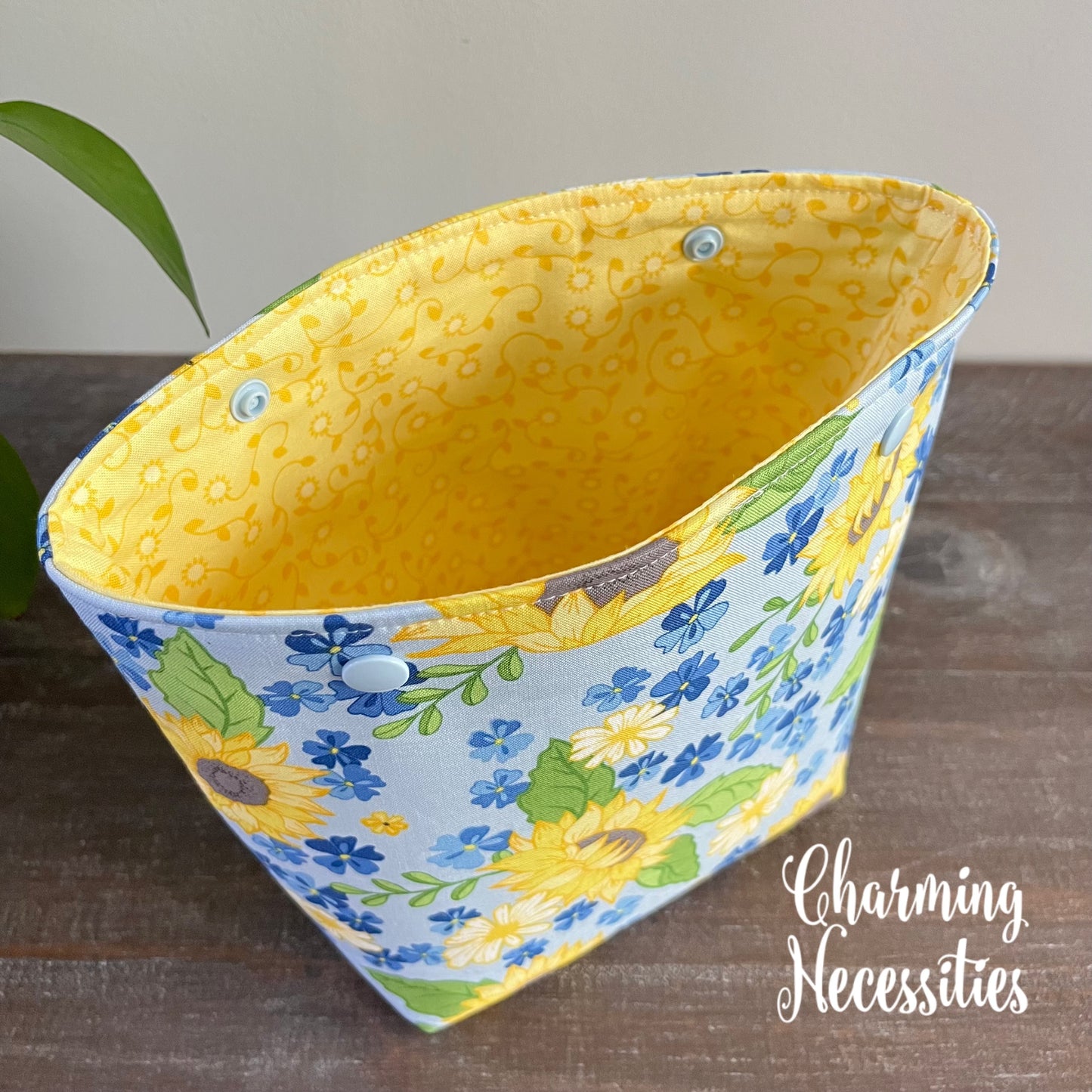 Small Snap Project Bag, Sunflowers on Blue Crochet Sewing Pouch, Gifts for Knitters Crocheters