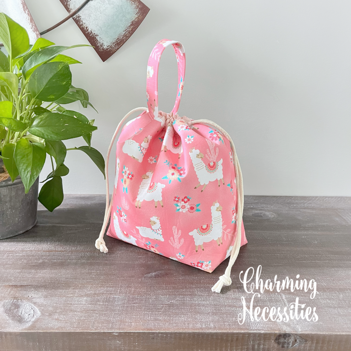 Knitting Project Bag, Llamas on Pink Drawstring Tote Bag