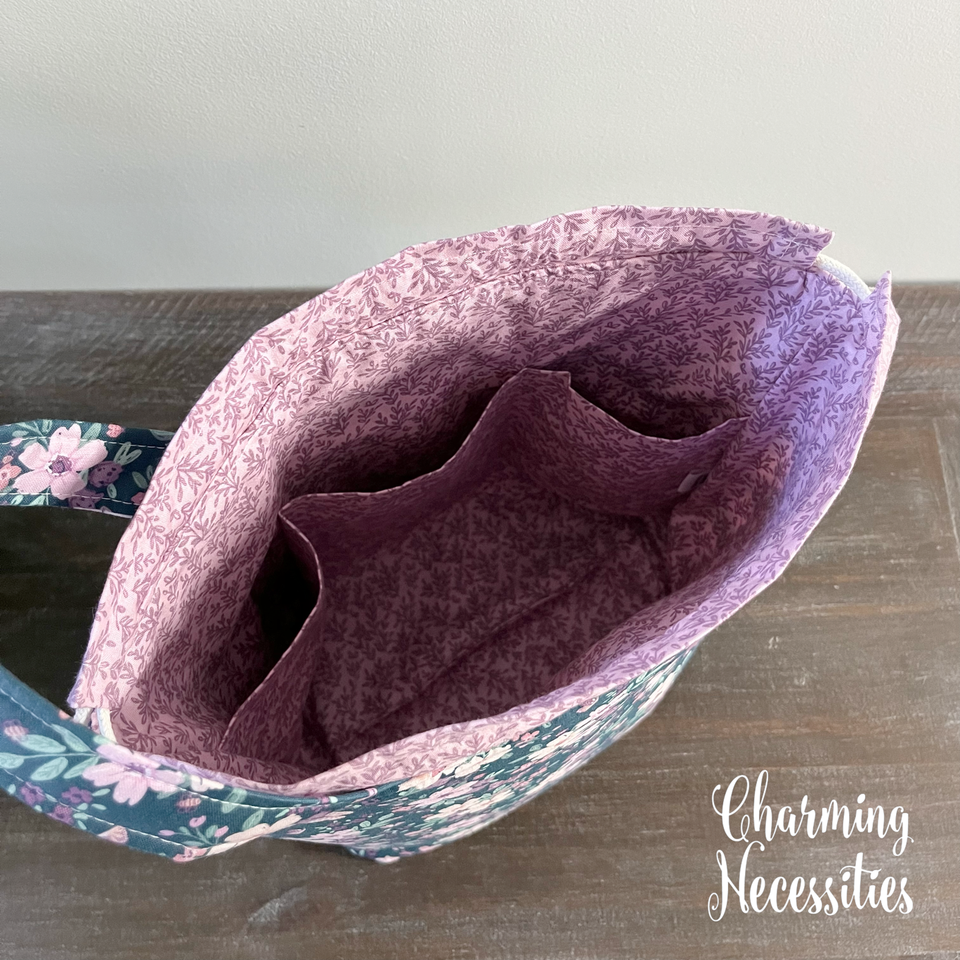 Knitting Project Bag, Floral & Butterflies Dark Blue Lavender Drawstring Tote
