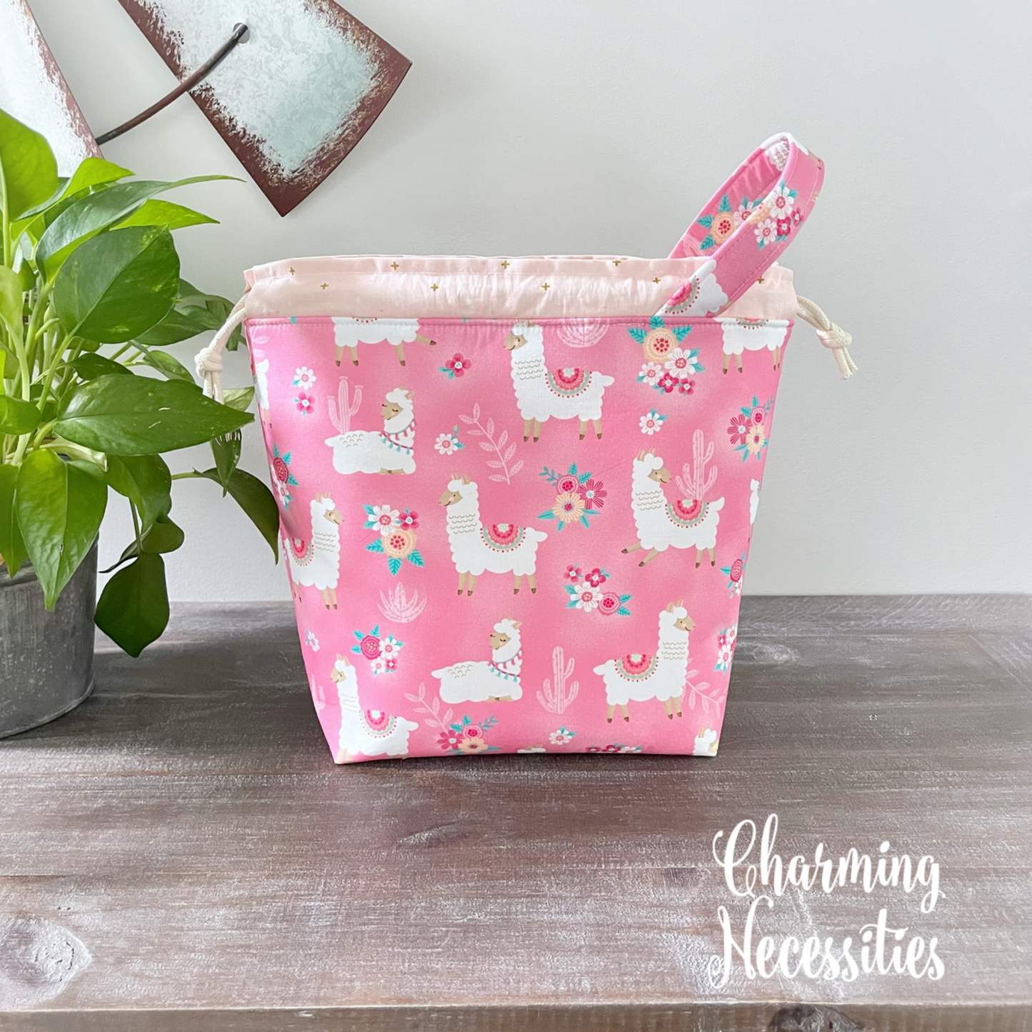 Knitting Project Bag, Llamas on Pink Drawstring Tote Bag