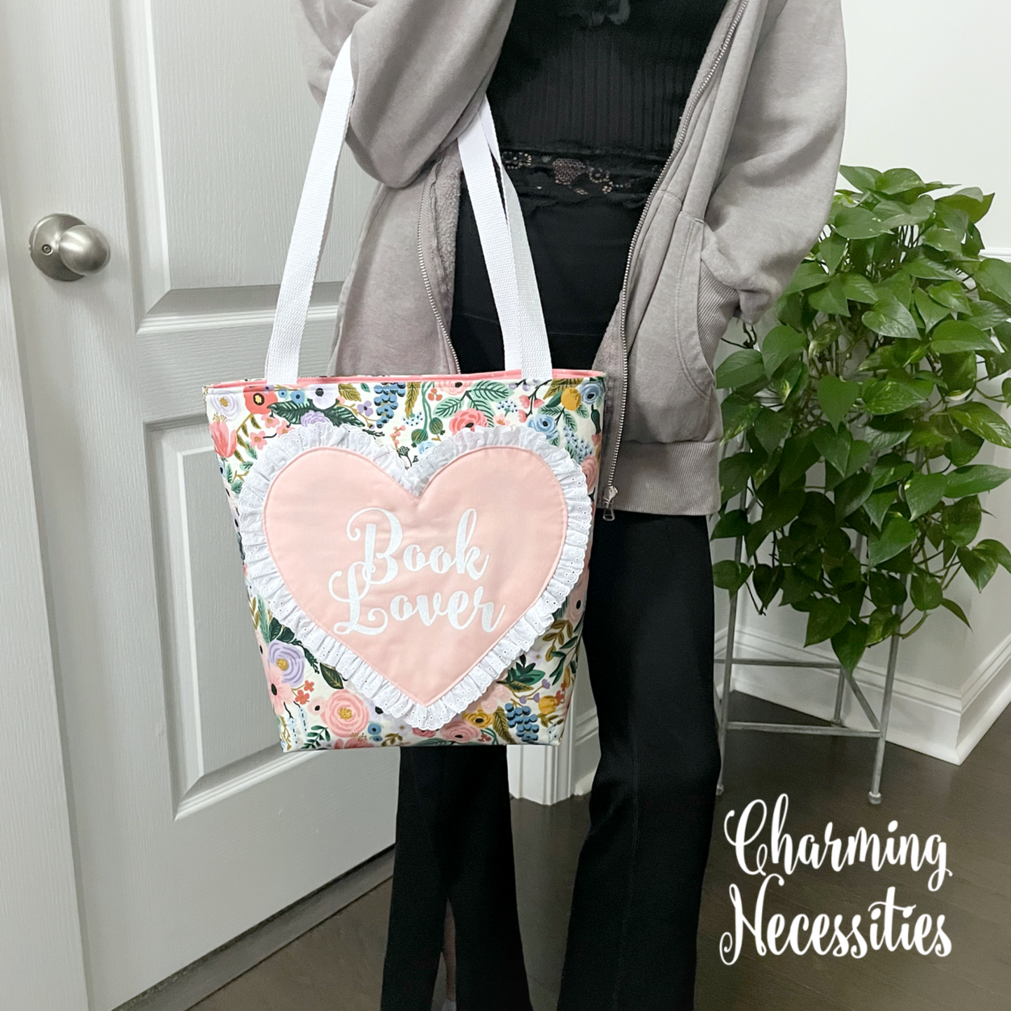 Book Lover Heart Tote Bag, Rifle Paper Co Orchard Ivory Bag by Charming Necessities