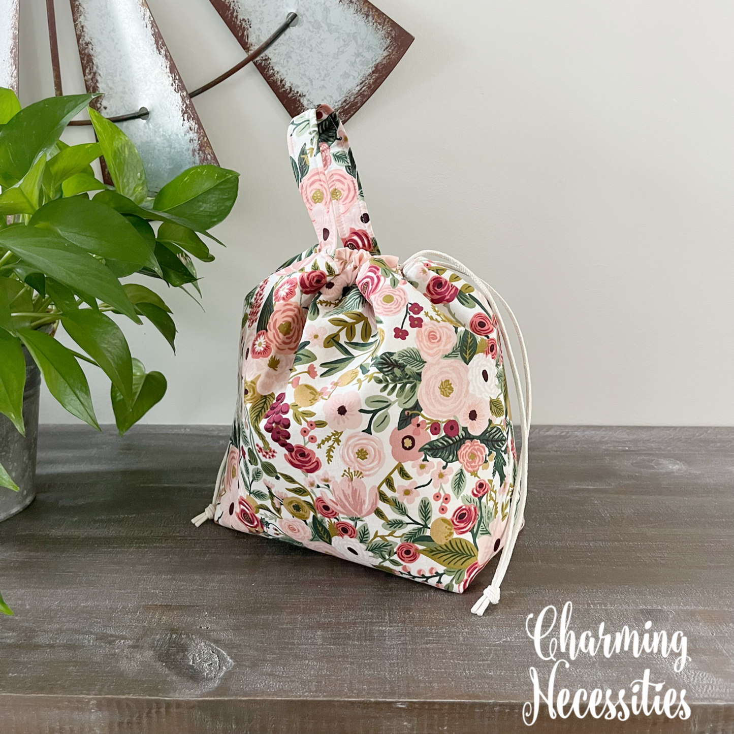 Knitting Project Bag, Rifle Paper Co Garden Party Pink Drawstring Tote