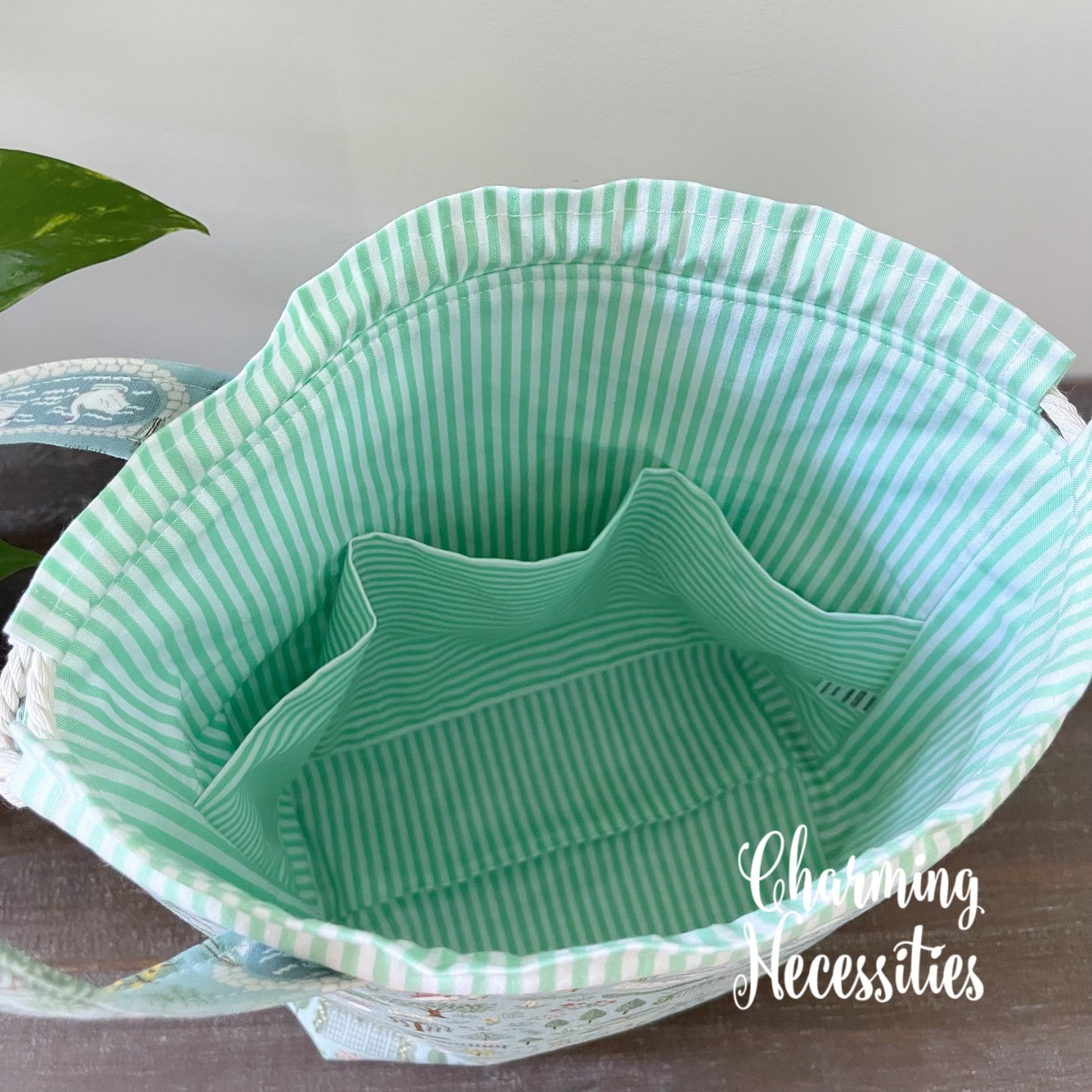 Knitting Project Bag, Regency Promenade Blue Drawstring Tote