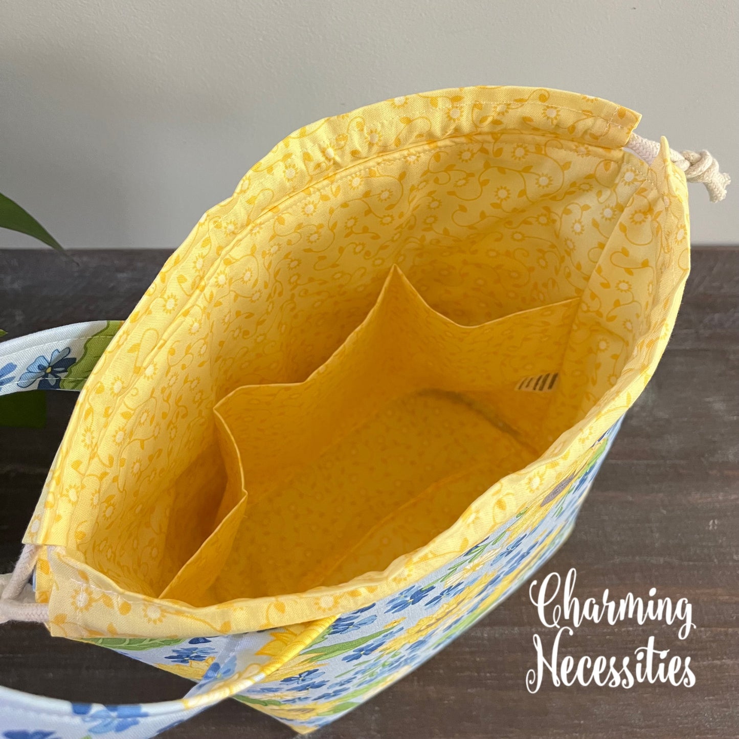 Knitting Project Bag, Sunflowers on Blue Floral Drawstring Tote