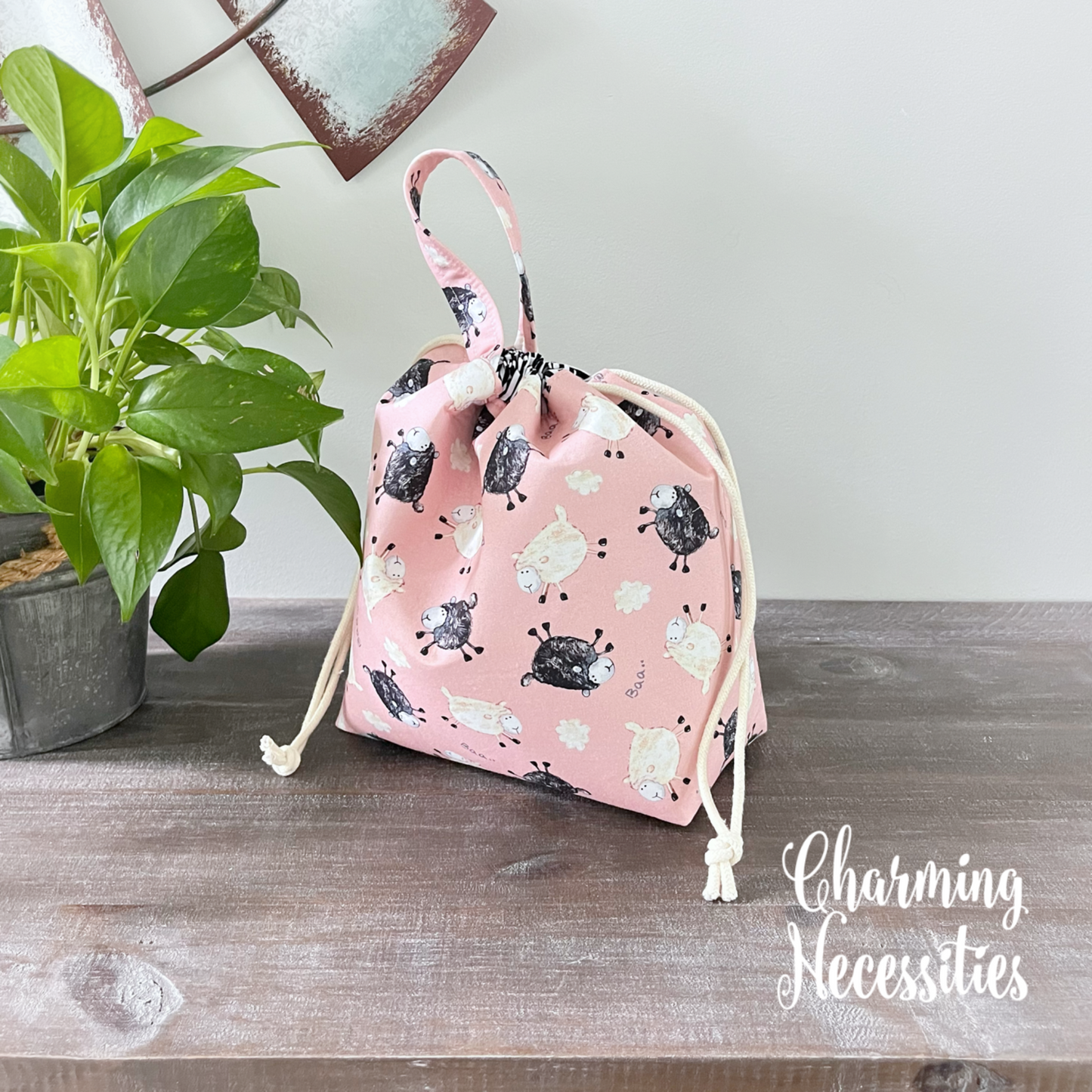 Knitting Project Bag, Sheep Pink and Black Drawstring Tote Bag