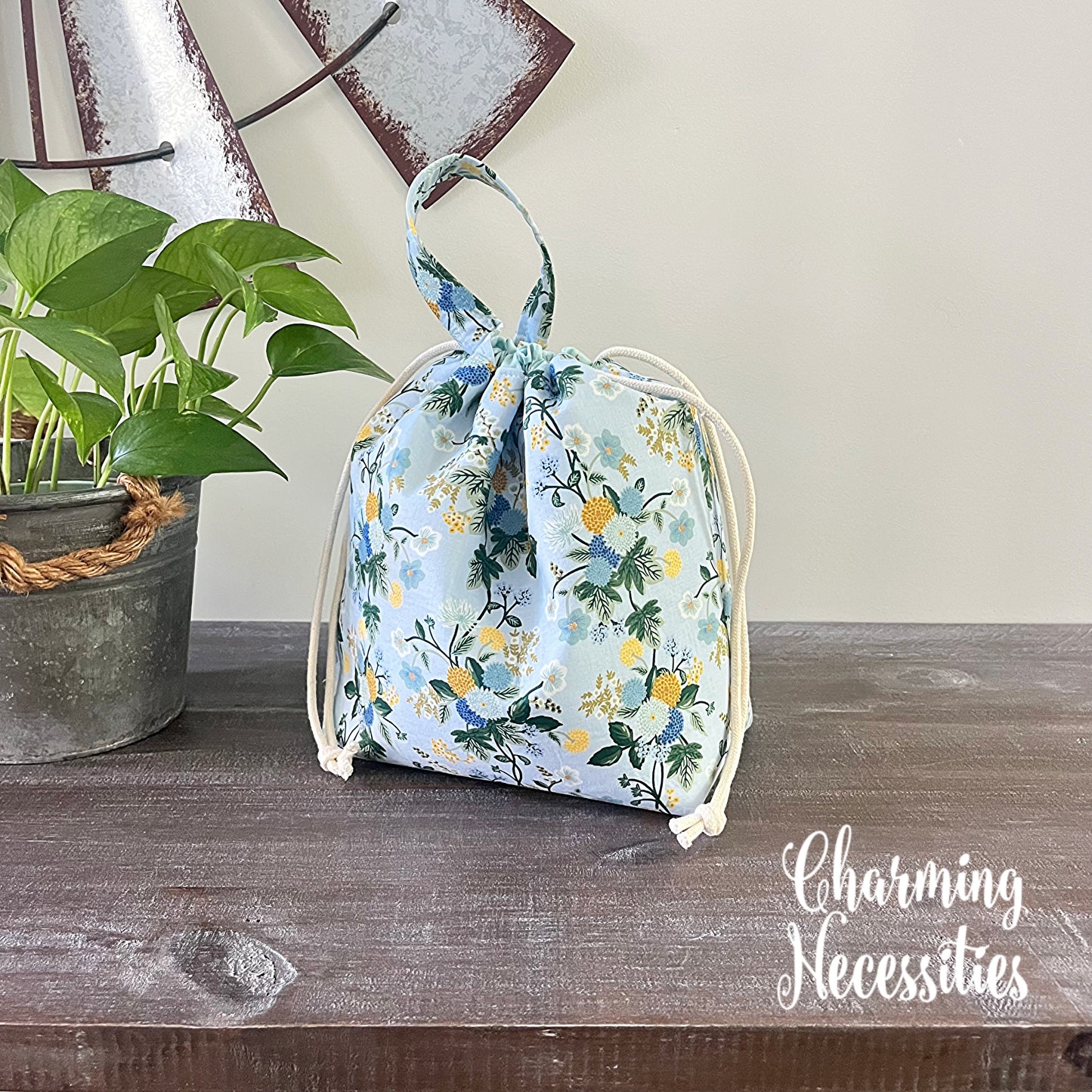 Knitting Project Bag, Rifle Paper Co Dahlia Blue Drawstring Tote