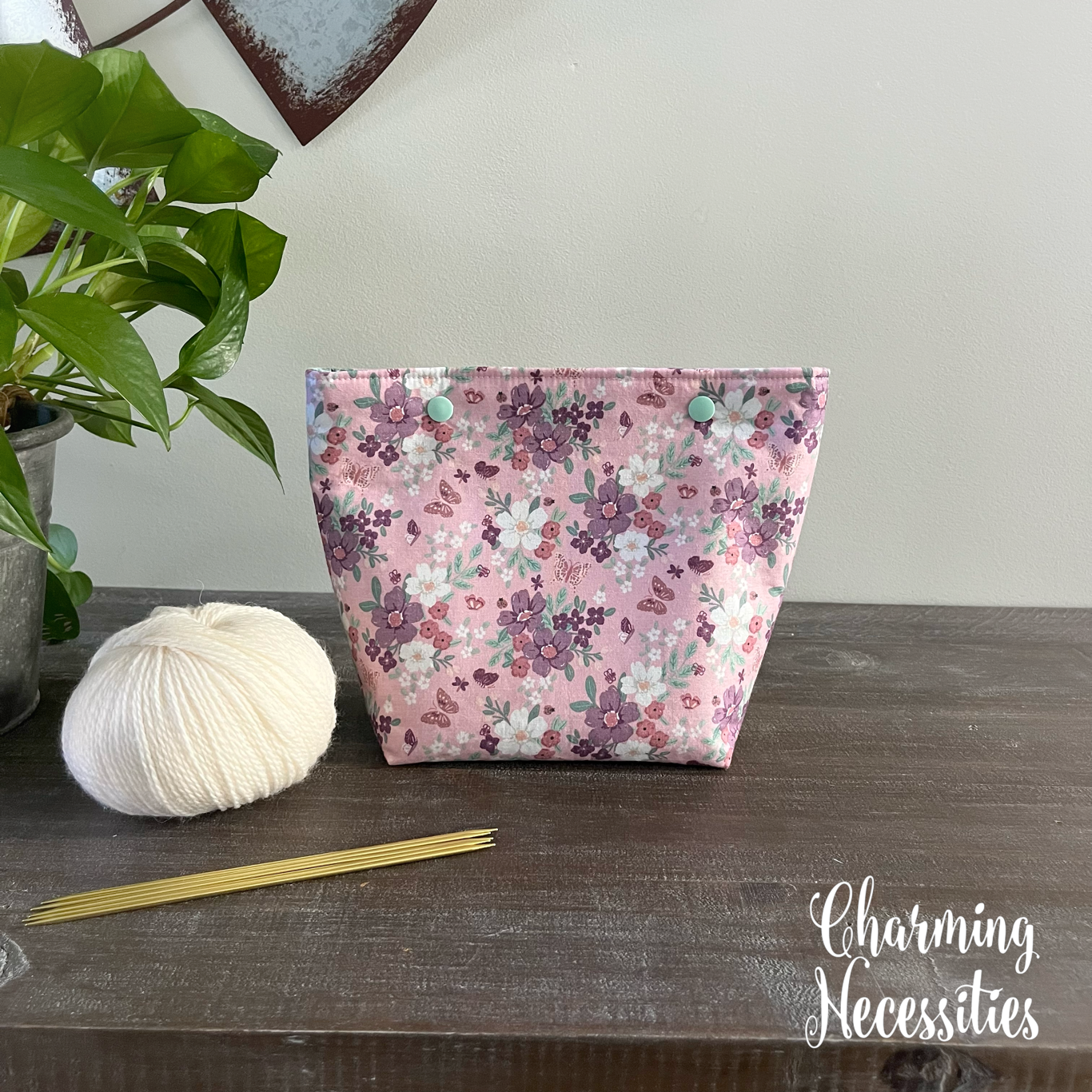 Small Snap Project Bag, Sock Knitting Bag Floral & Butterflies Pink Mint Tote, Crochet Sewing Pouch, Gifts for Knitters Crocheters