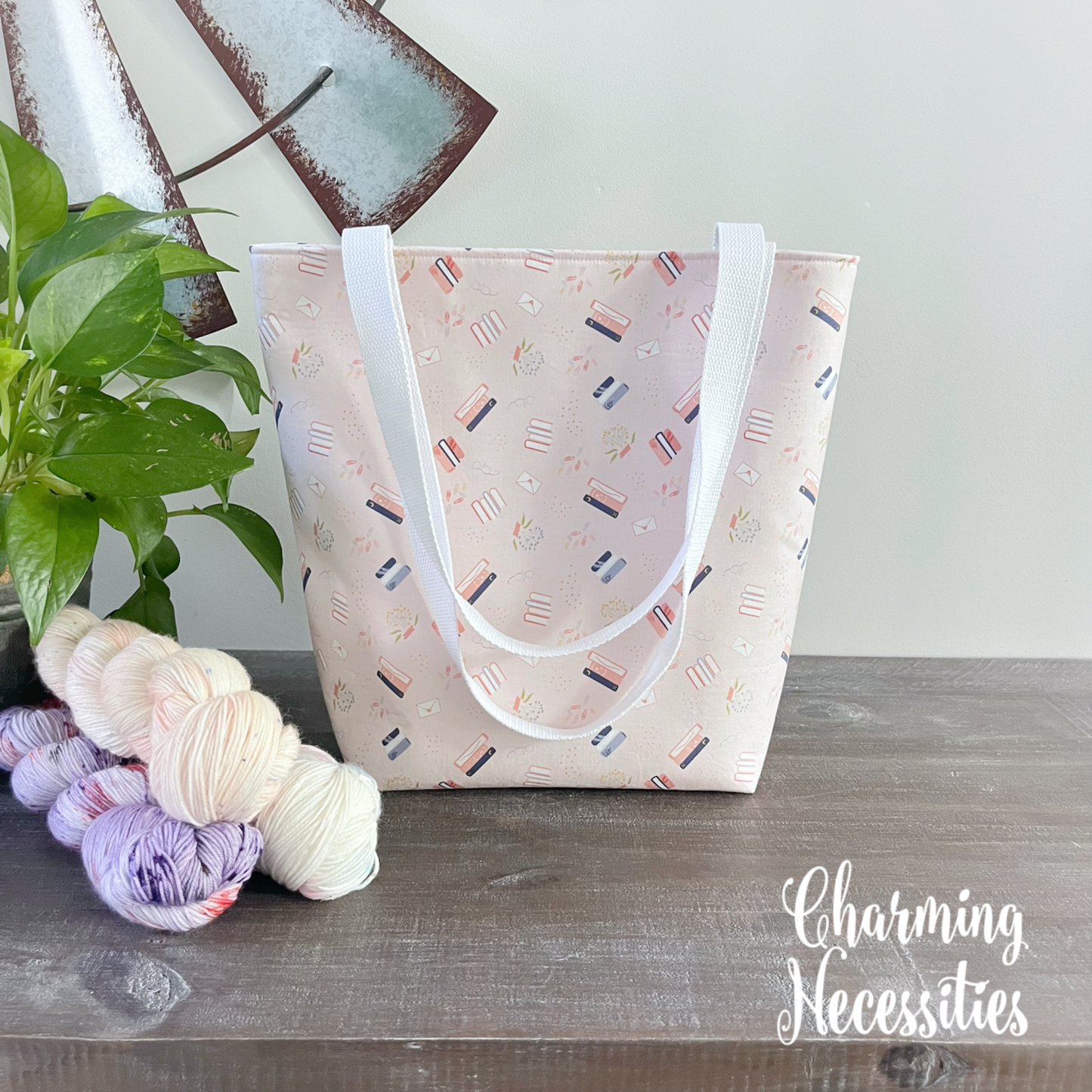 Floral Tote Bag, Books on Pink Knitting Bag