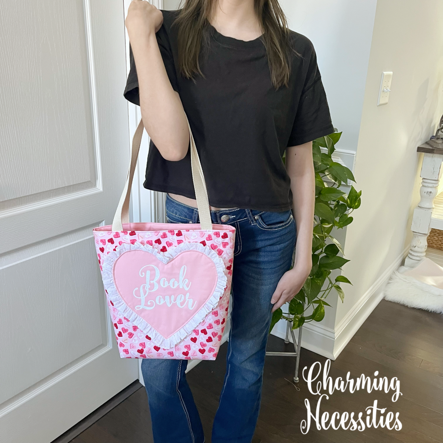 Book Lover Heart Tote Bag, Conversation Hearts Bag by Charming Necessities