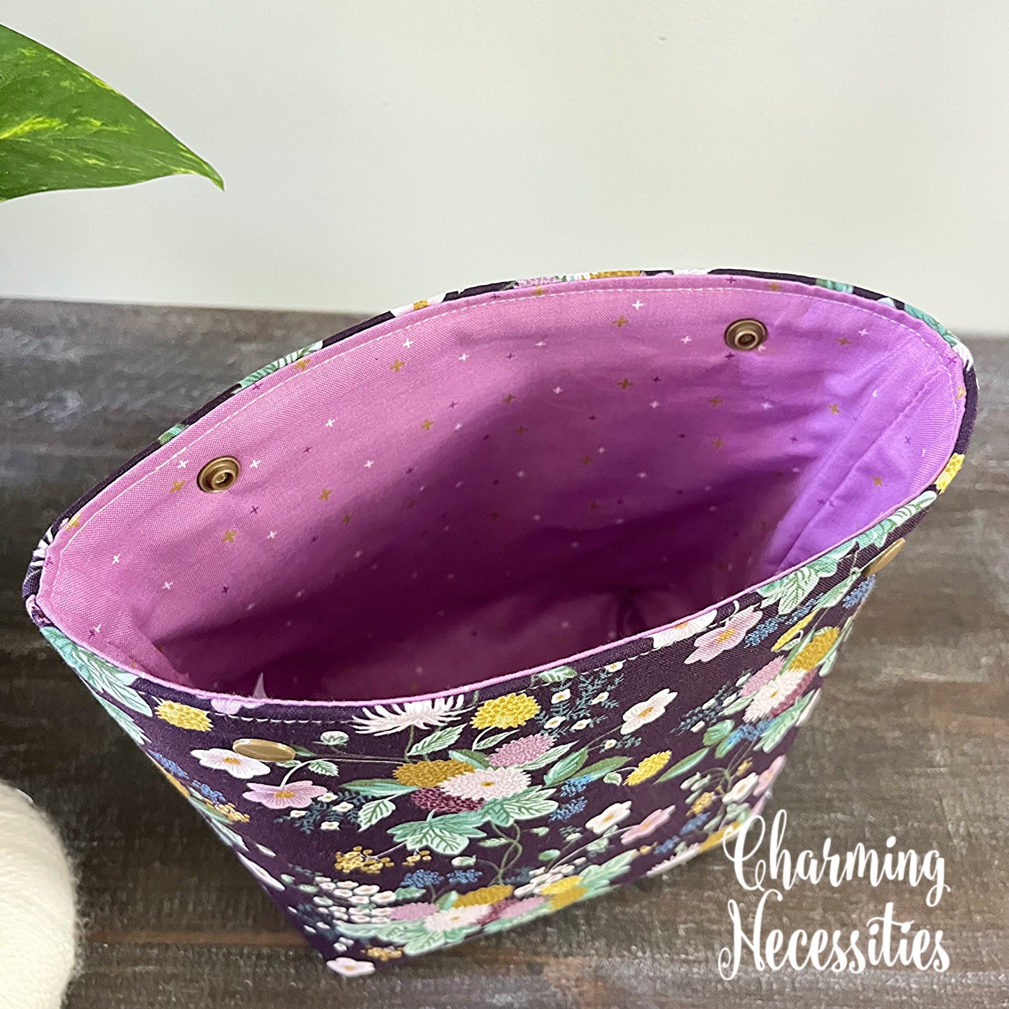 Small Snap Project Bag, Rifle Paper Co Dahlia Aubergine Crochet Sewing Pouch, Gifts for Knitters Crocheters