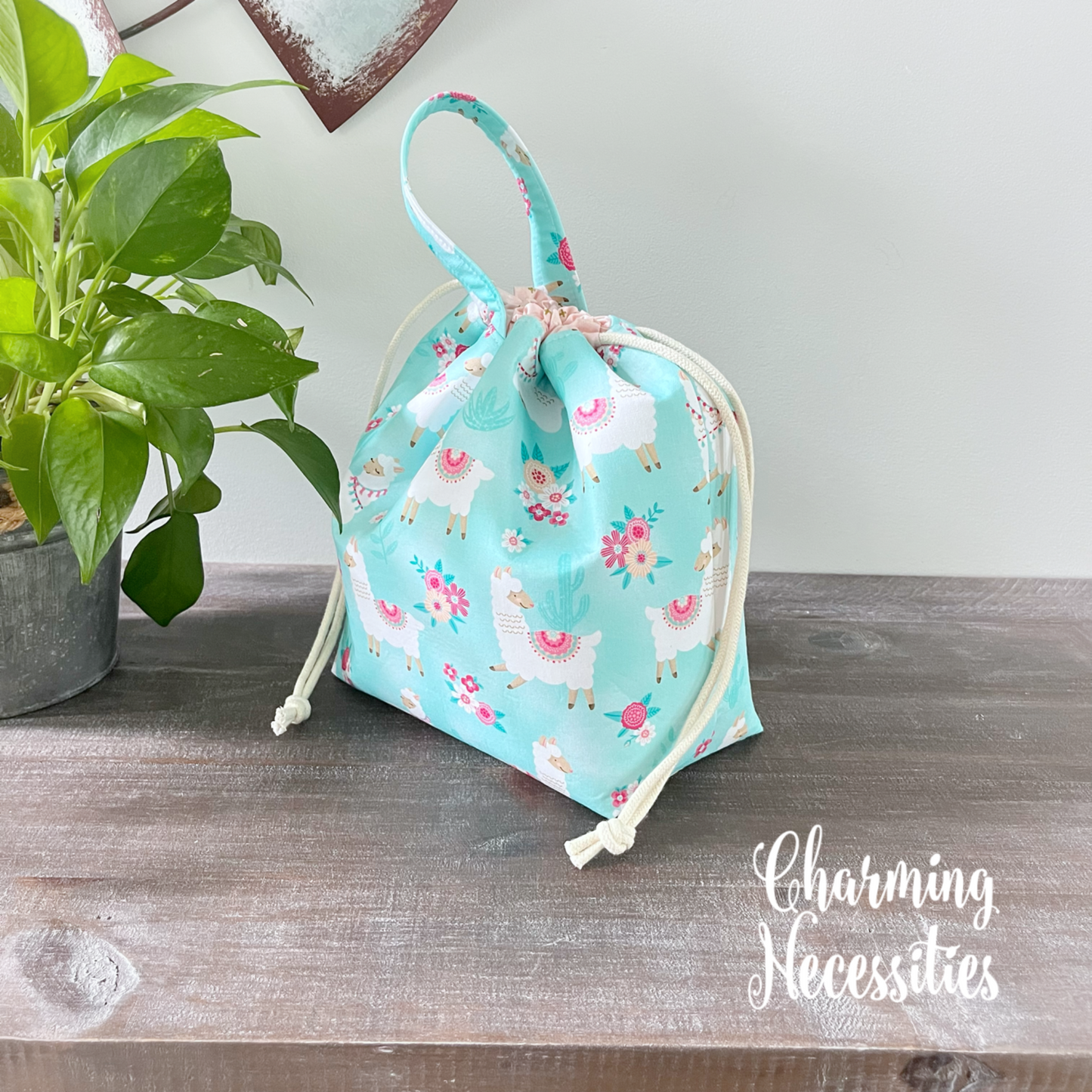 Knitting Project Bag, Llamas on Blue Drawstring Tote Bag