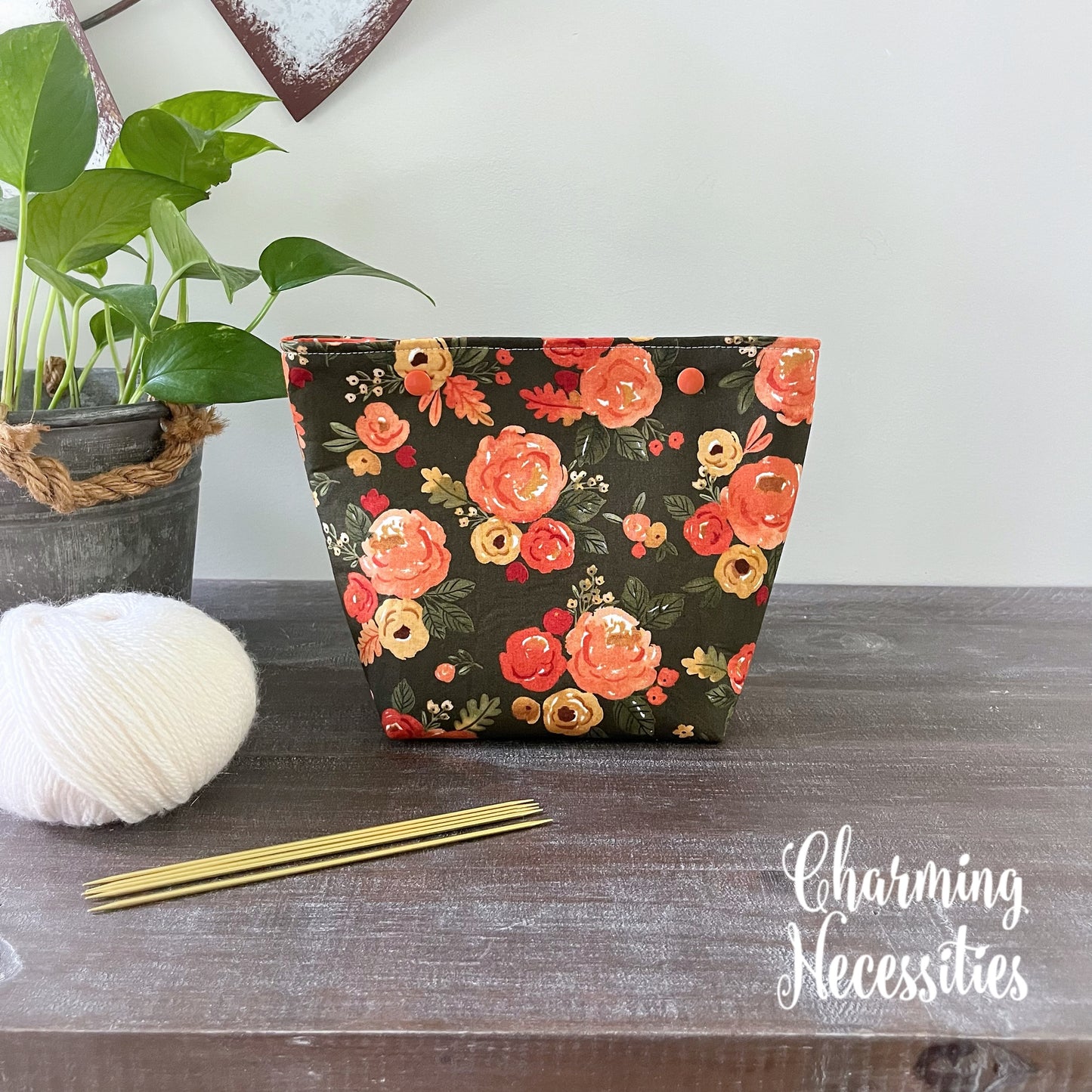 Small Snap Project Bag, Fall Watercolor Floral Crochet Sewing Pouch, Gifts for Knitters Crocheters