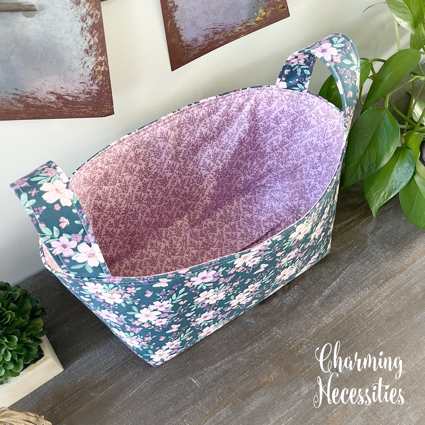 Yarn Storage Basket, Floral & Butterflies Dark Blue Lavender, Gifts for Knitters, Knitting Accessories