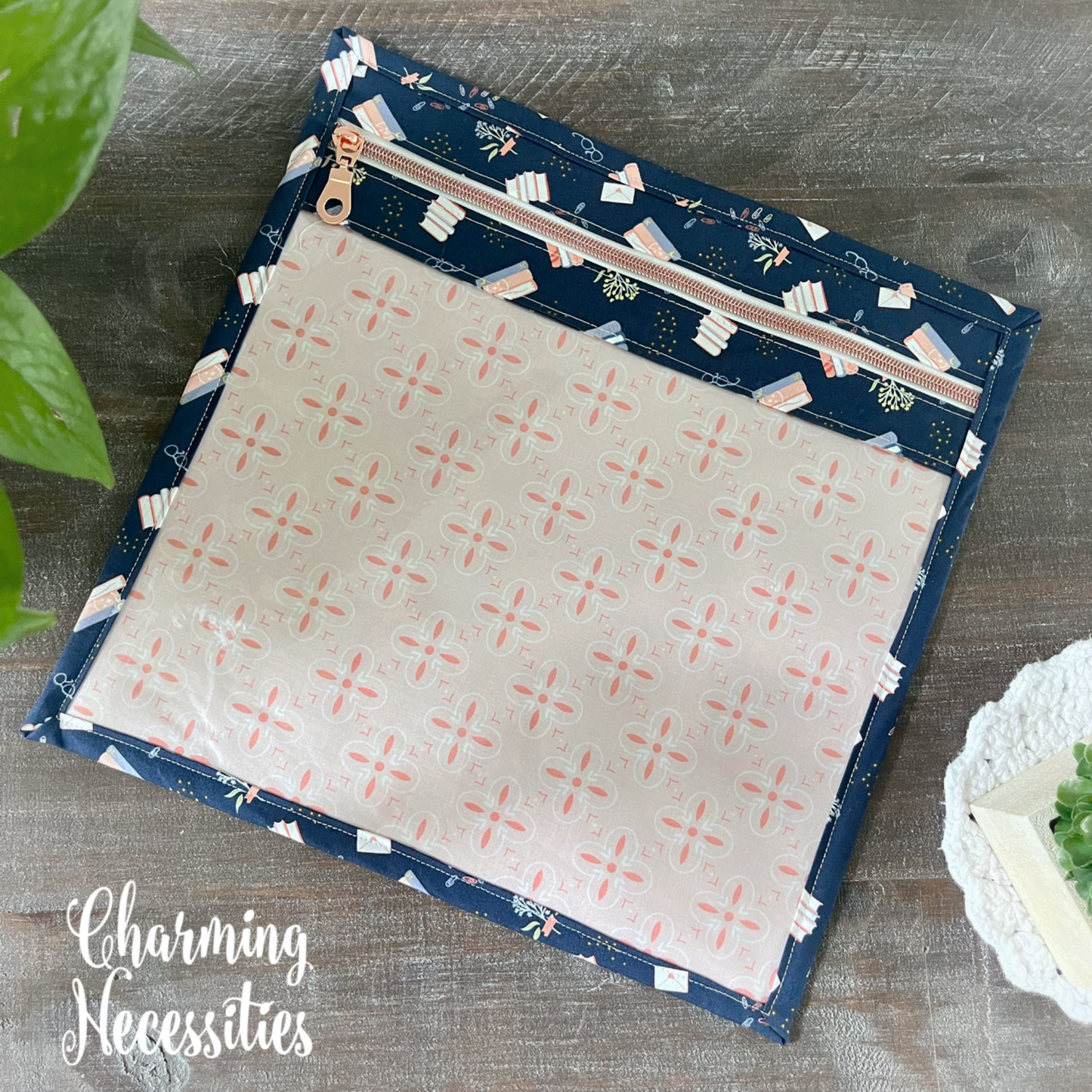Cross Stitch Embroidery Project Bag, Books on Navy Project Storage Organization