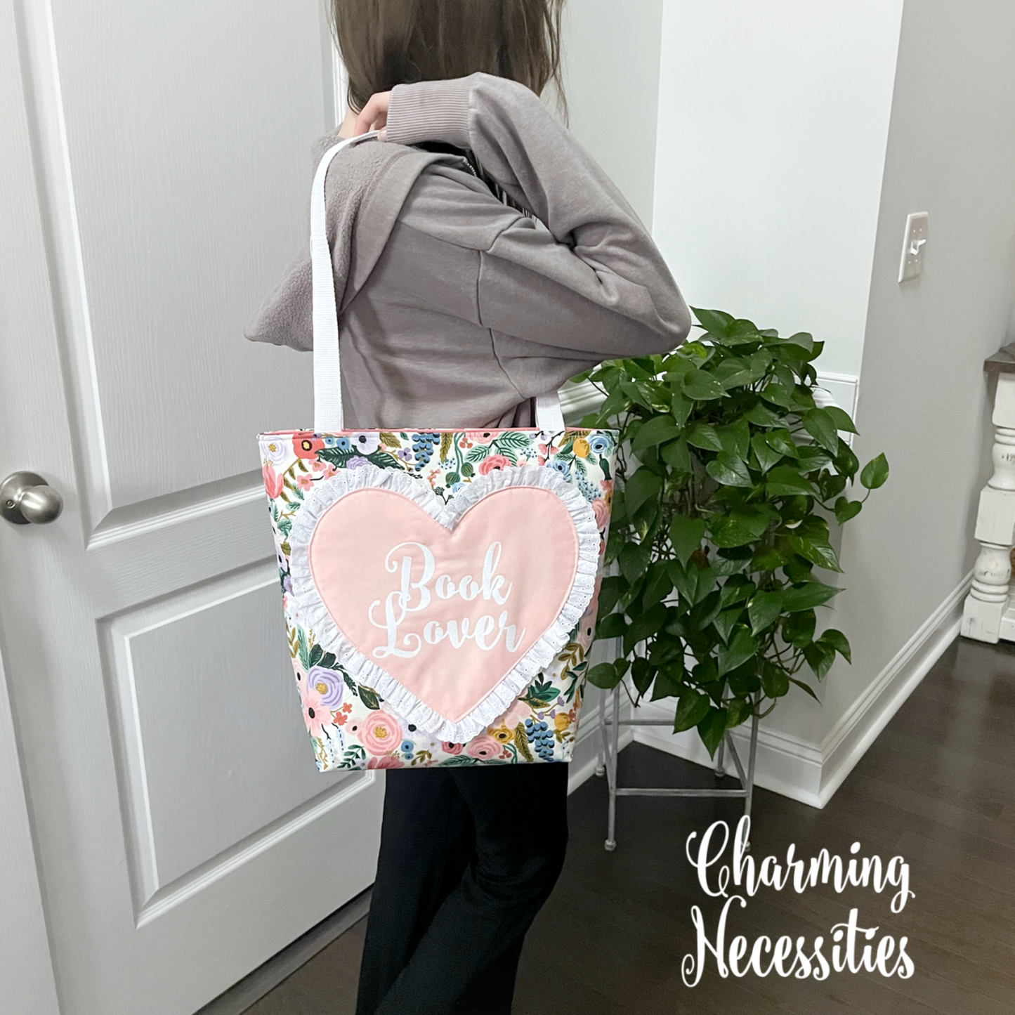 Book Lover Heart Tote Bag, Rifle Paper Co Orchard Ivory Bag by Charming Necessities