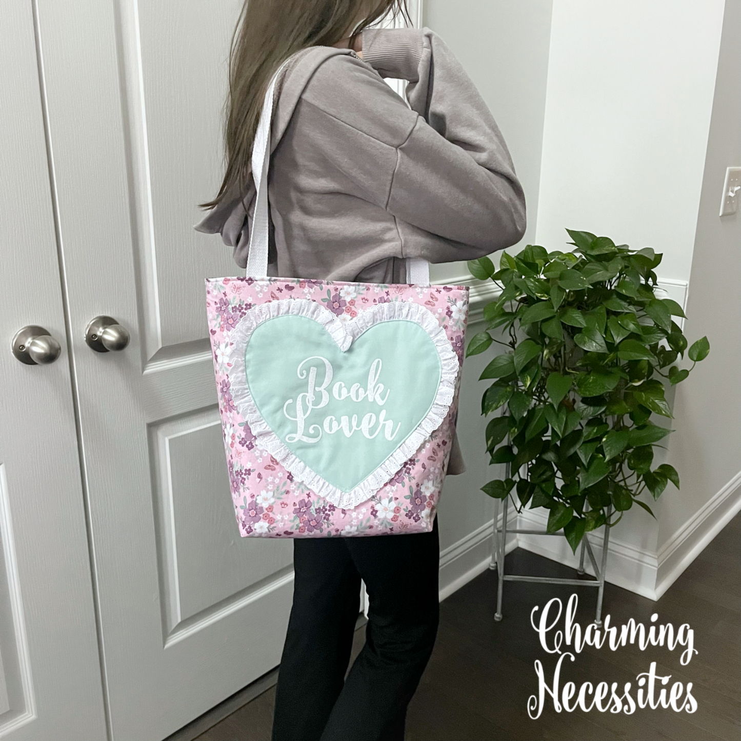 Book Lover Heart Tote Bag, Floral Butterflies Pink Mint Bag by Charming Necessities