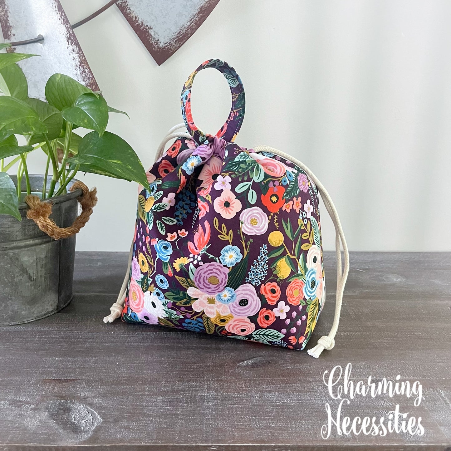 Knitting Project Bag, Rifle Paper Co Orchard Garden Party Burgandy Drawstring Tote