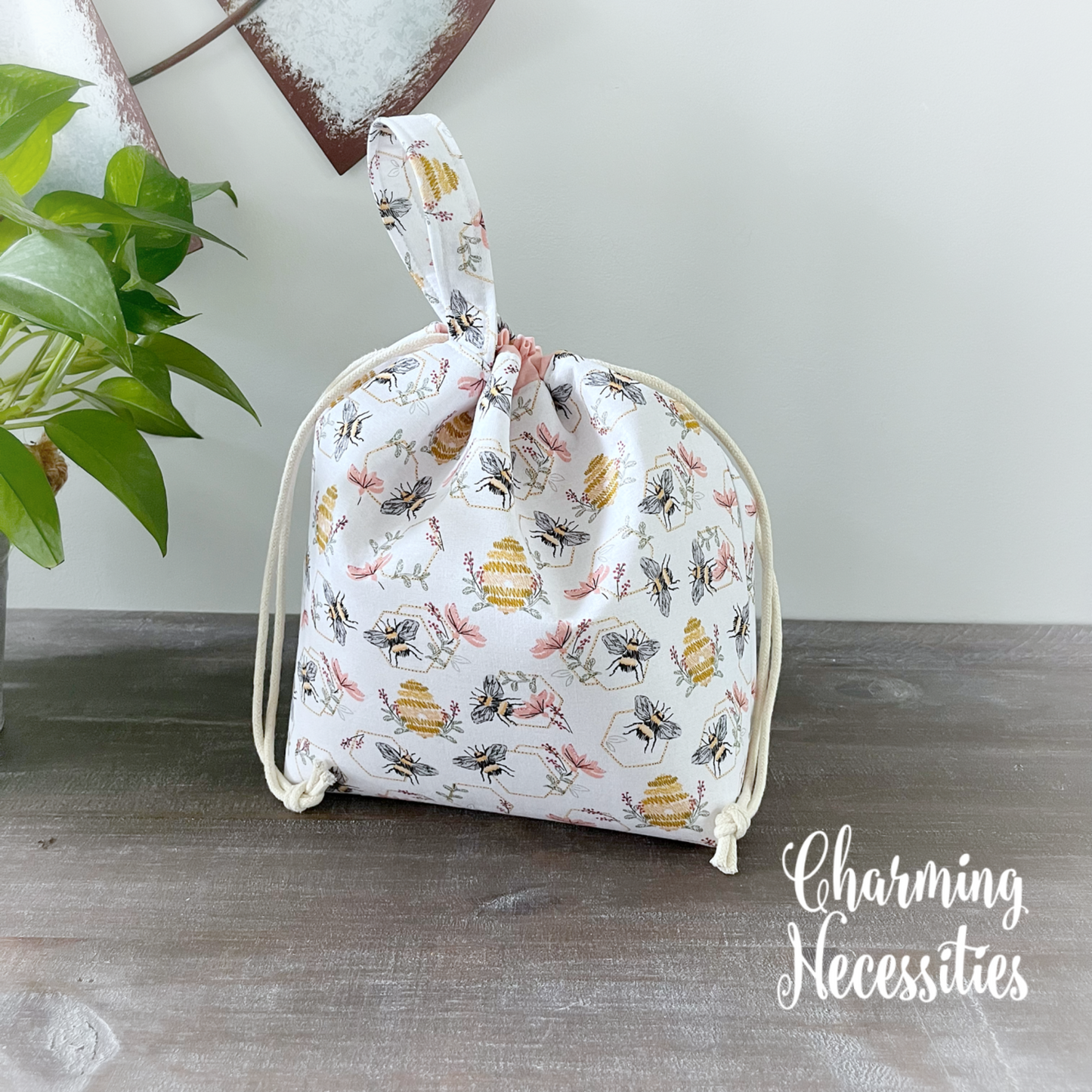Knitting Project Bag, Honey Bees and Beehives Drawstring Tote