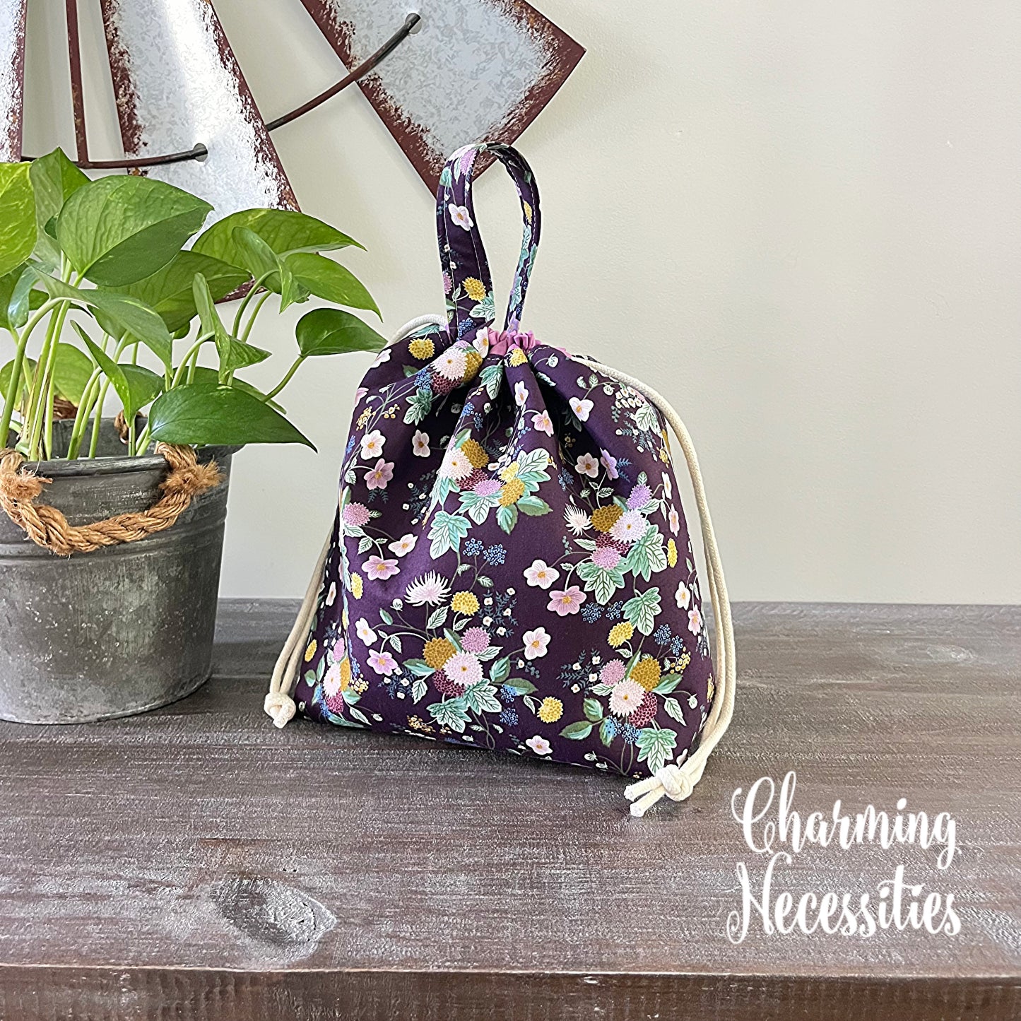 Knitting Project Bag, Rifle Paper Co Dahlia Aubergine Drawstring Tote