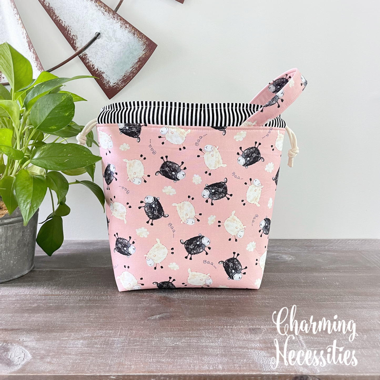 Knitting Project Bag, Sheep Pink and Black Drawstring Tote Bag