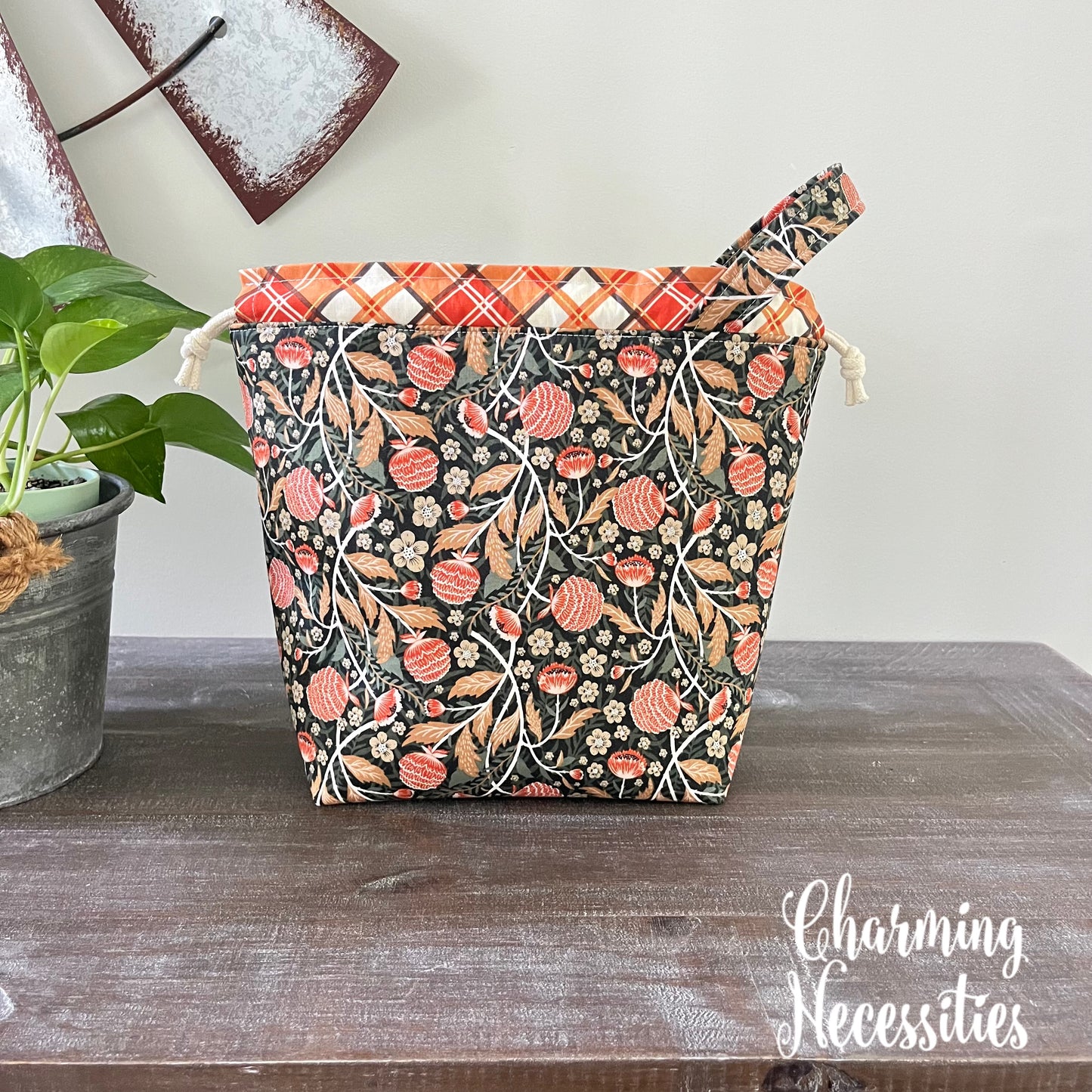 Knitting Project Bag, Autumn Floral Dark Green Drawstring Tote