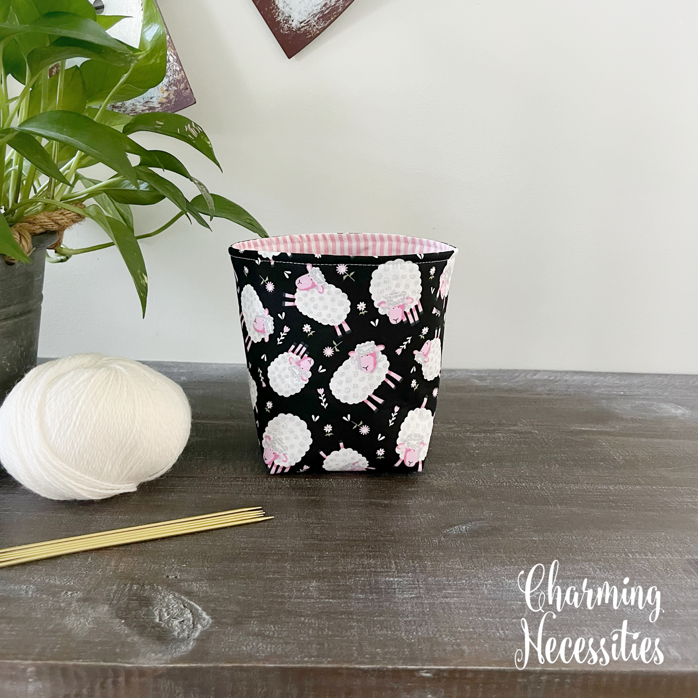 Yarn Bowl Cozy Basket, Sheep on Black, Knitting Accessories Yarn Storage Organization