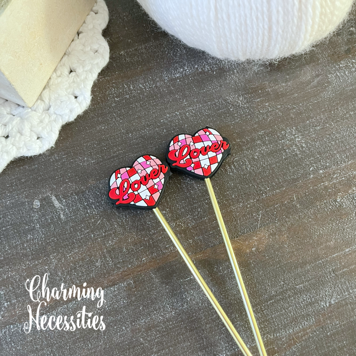 Valentines Stitch Stoppers, Disco Ball Lover Heart, Set of 2, Knitting Accessories, Stitch Holders, Gifts for Knitters under 10