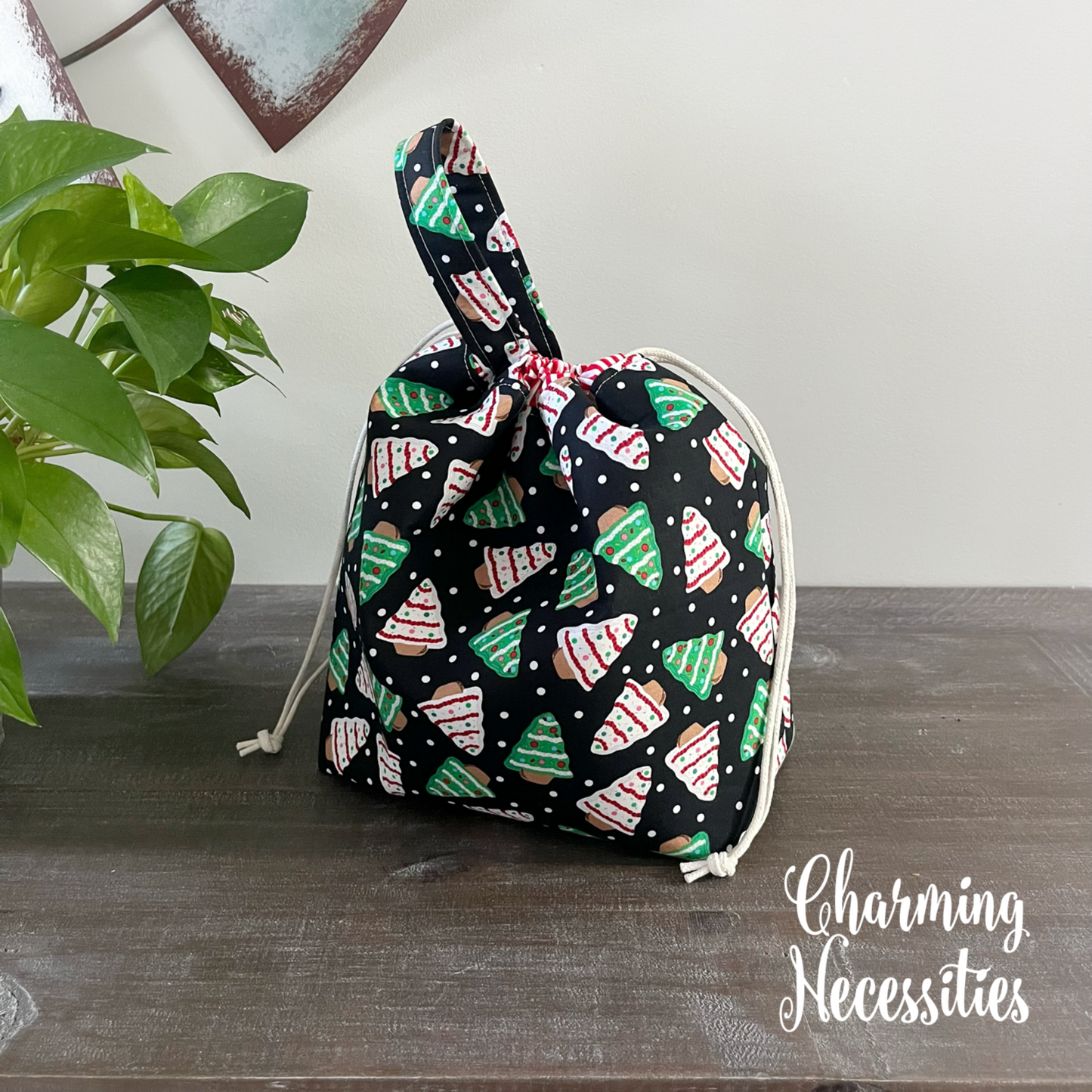 Knitting Project Bag, Christmas Tree Cakes Drawstring Tote