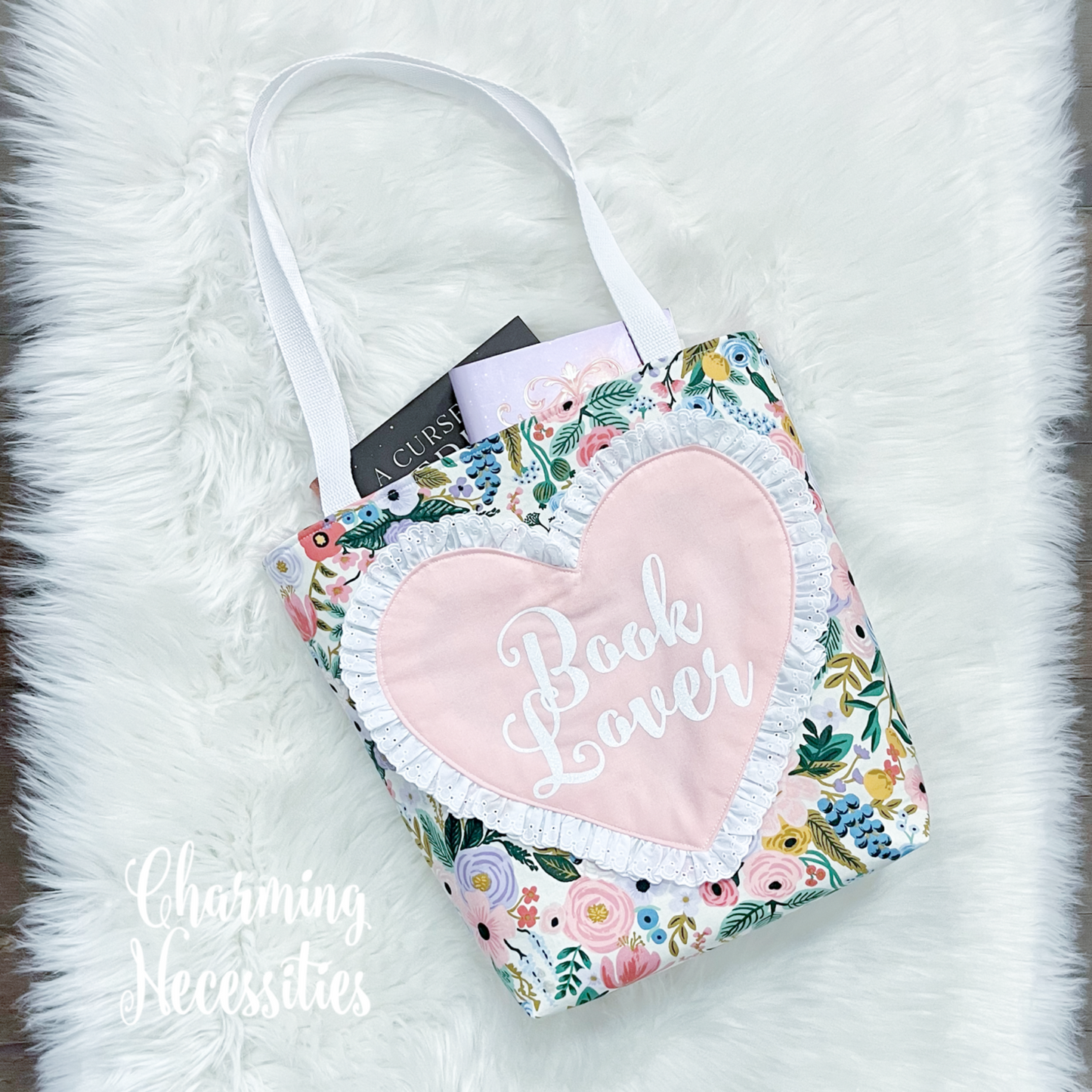 Book Lover Heart Tote Bag, Rifle Paper Co Orchard Ivory Bag by Charming Necessities