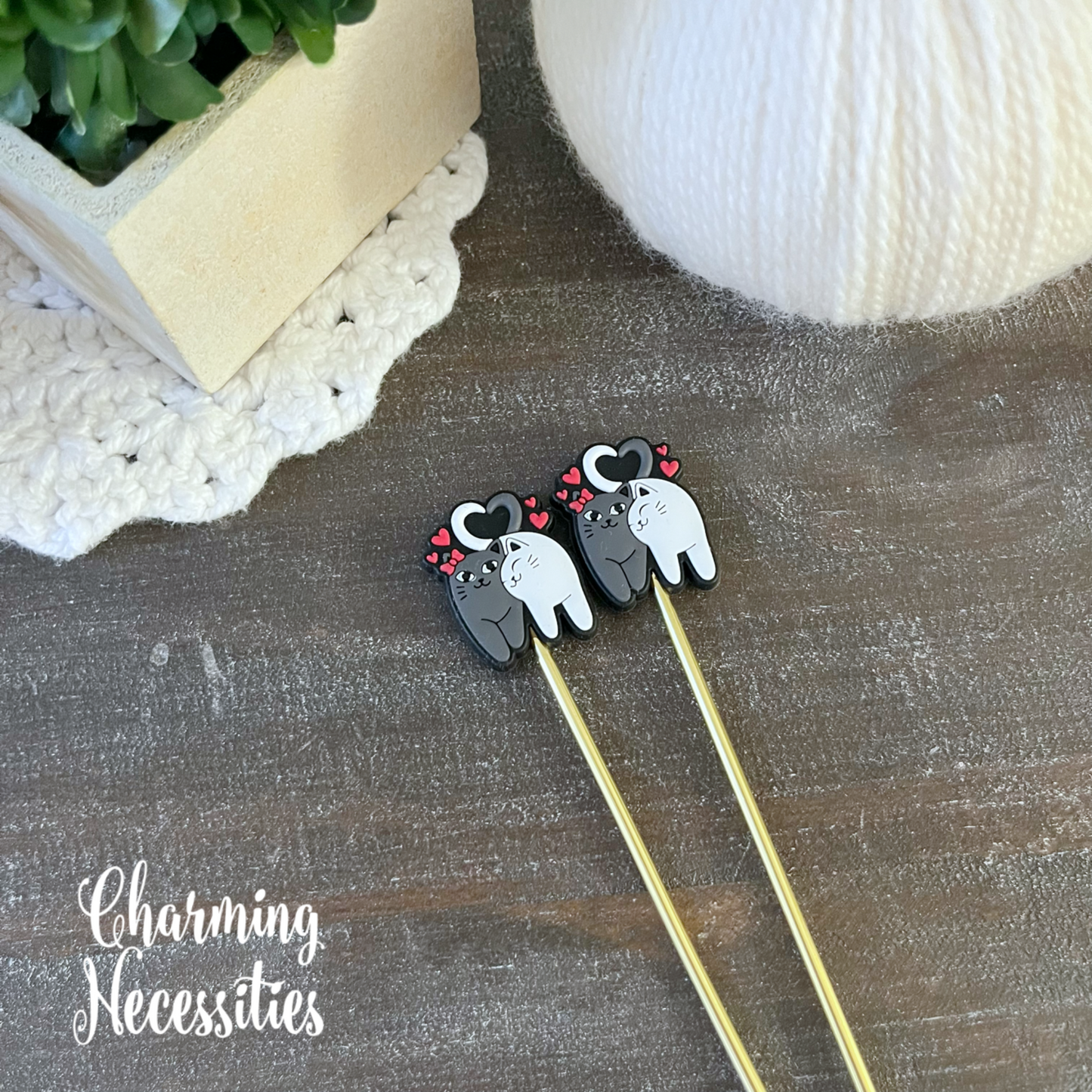 Valentines Stitch Stoppers, Cats and Hearts, Set of 2, Knitting Accessories, Stitch Holders, Gifts for Knitters under 10