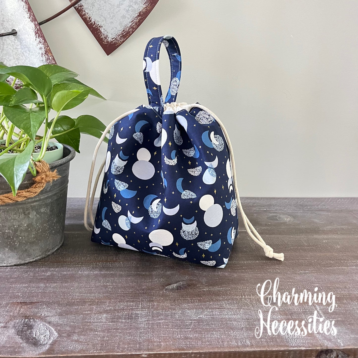 Knitting Project Bag, Moon and Stars Celestial Cosmic Drawstring Tote