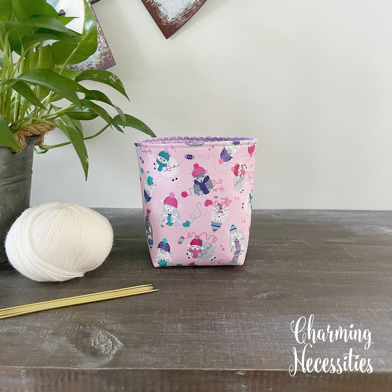 Yarn Bowl Cozy Basket, Sheep on Pink, Knitting Accessories Yarn Storage Organization