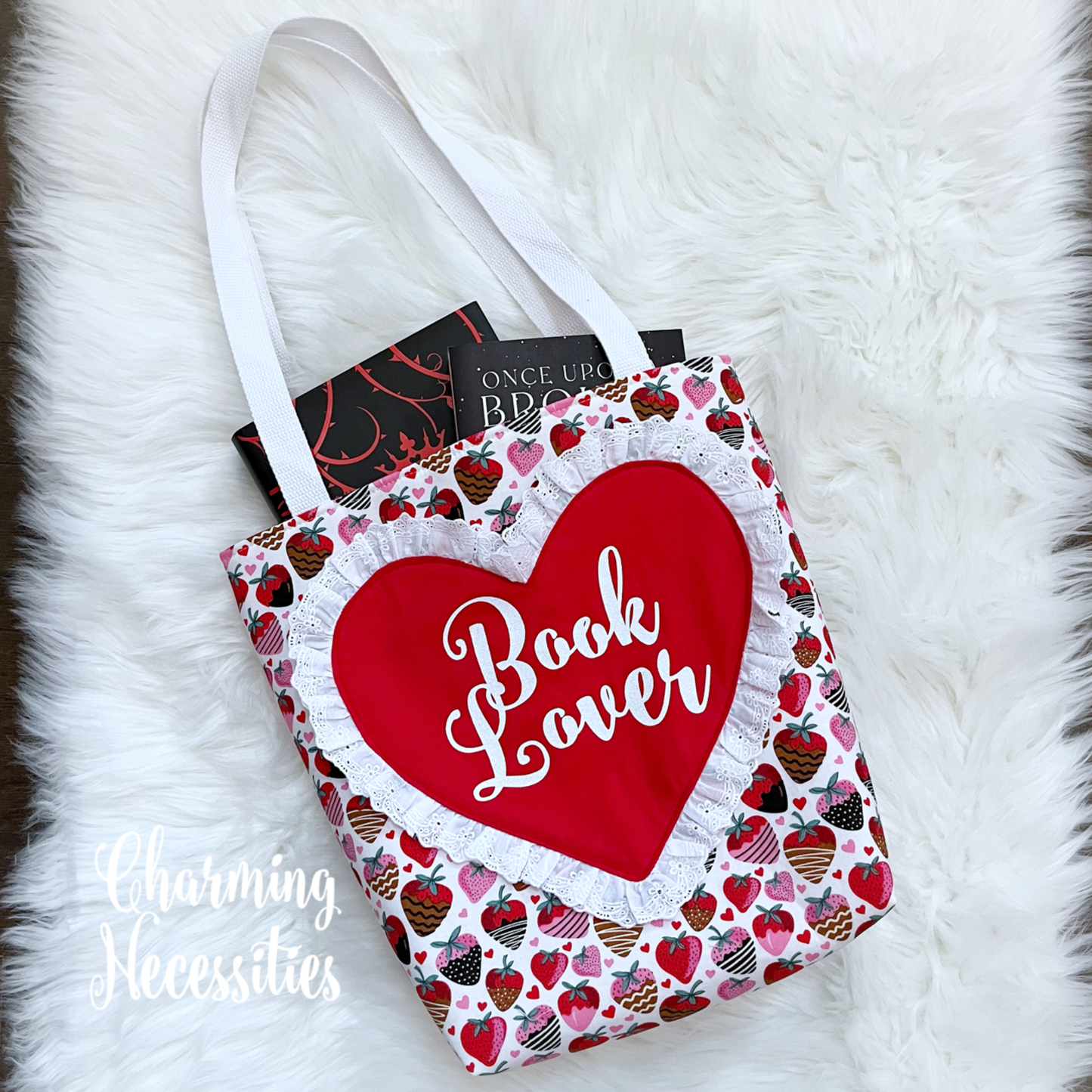 Book Lover Heart Tote Bag, Strawberries Hearts Bag by Charming Necessities