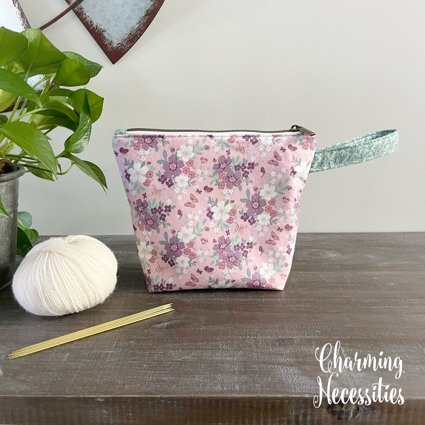 Small Zipper Project Bag, Sock Knitting Bag Floral & Butterflies Pink Mint Tote, Crochet Sewing Pouch, Gifts for Knitters Crocheters