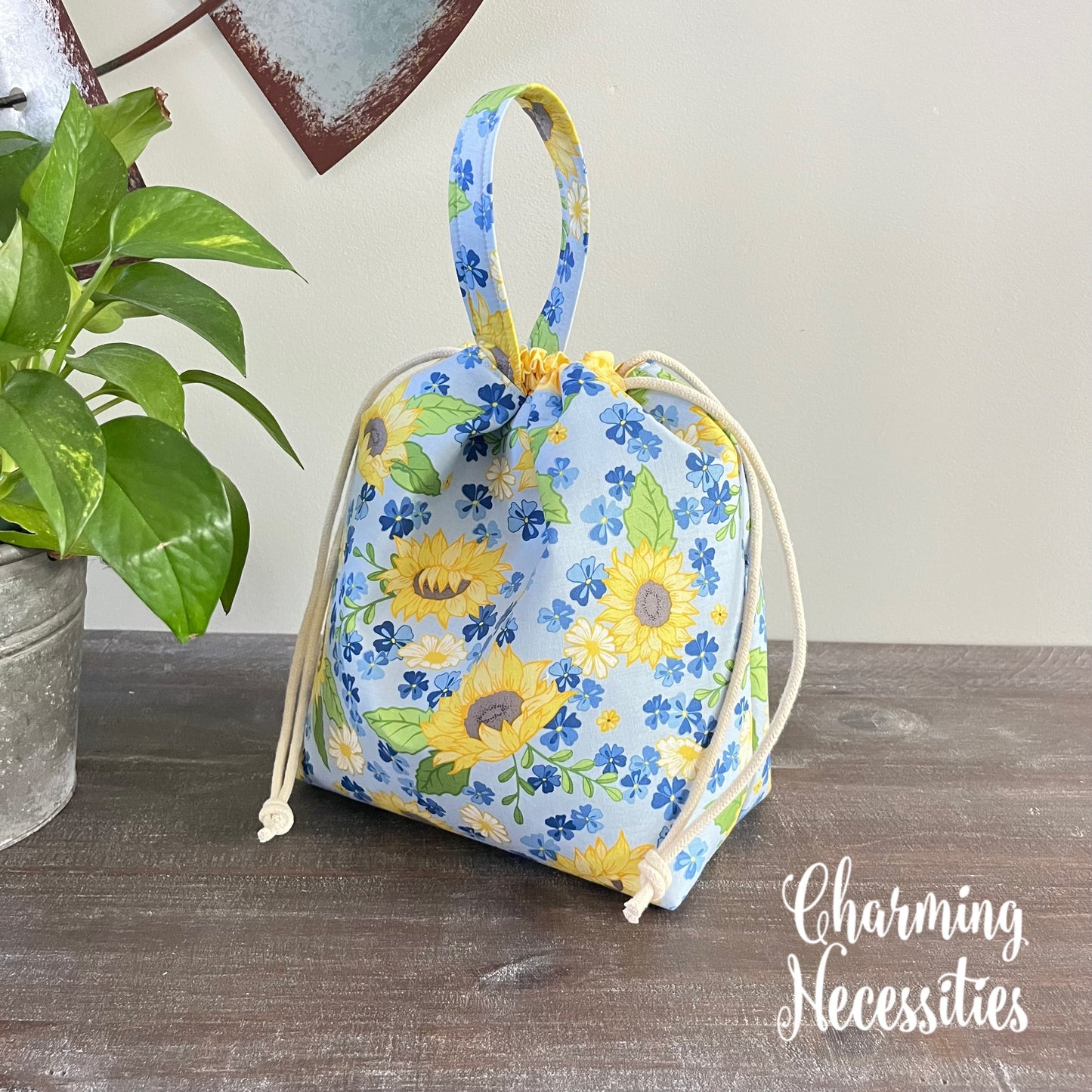 Knitting Project Bag, Sunflowers on Blue Floral Drawstring Tote