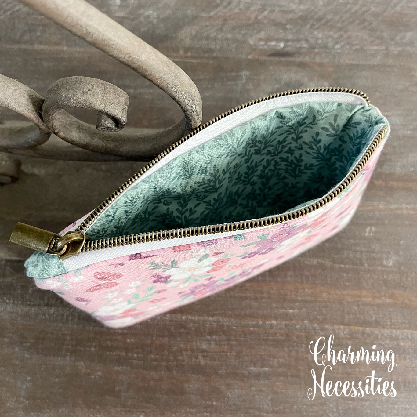 Notions Zipper Pouch, Floral Butterflies Pink Mint, Essentials Oils Pouch, Small Organization Bag