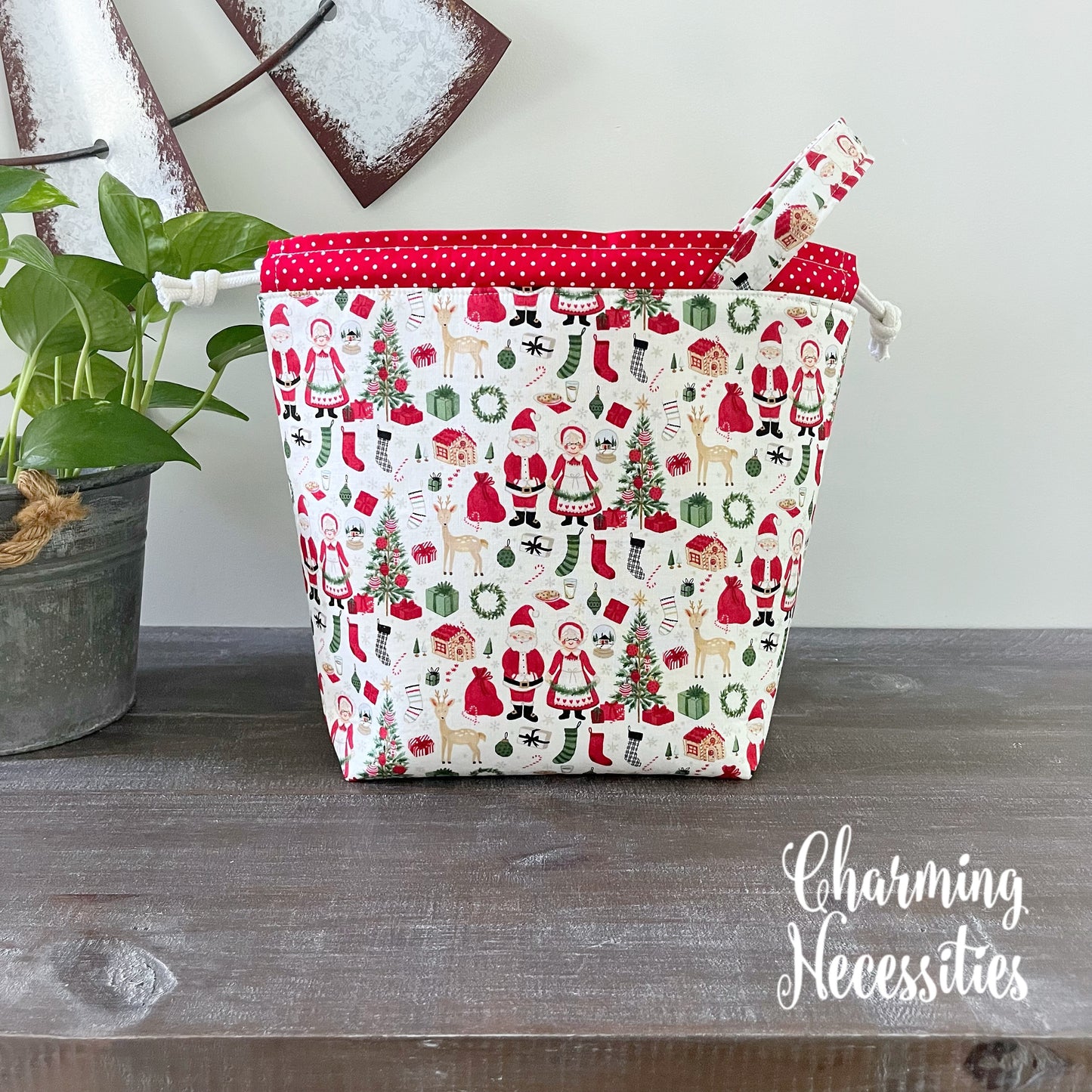 Knitting Project Bag, Santa and Mrs Claus Christmas Drawstring Tote