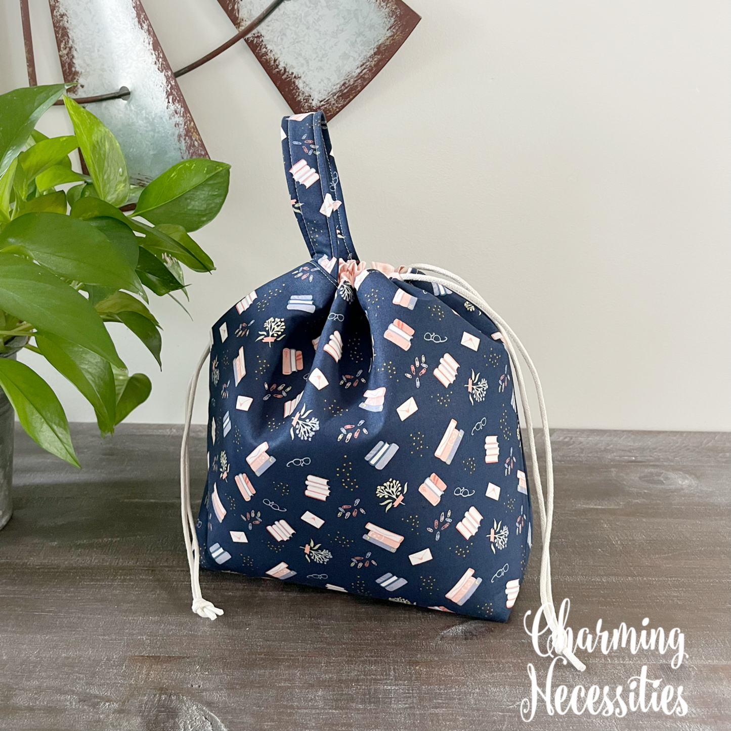 Knitting Project Bag, Books on Navy Drawstring Tote