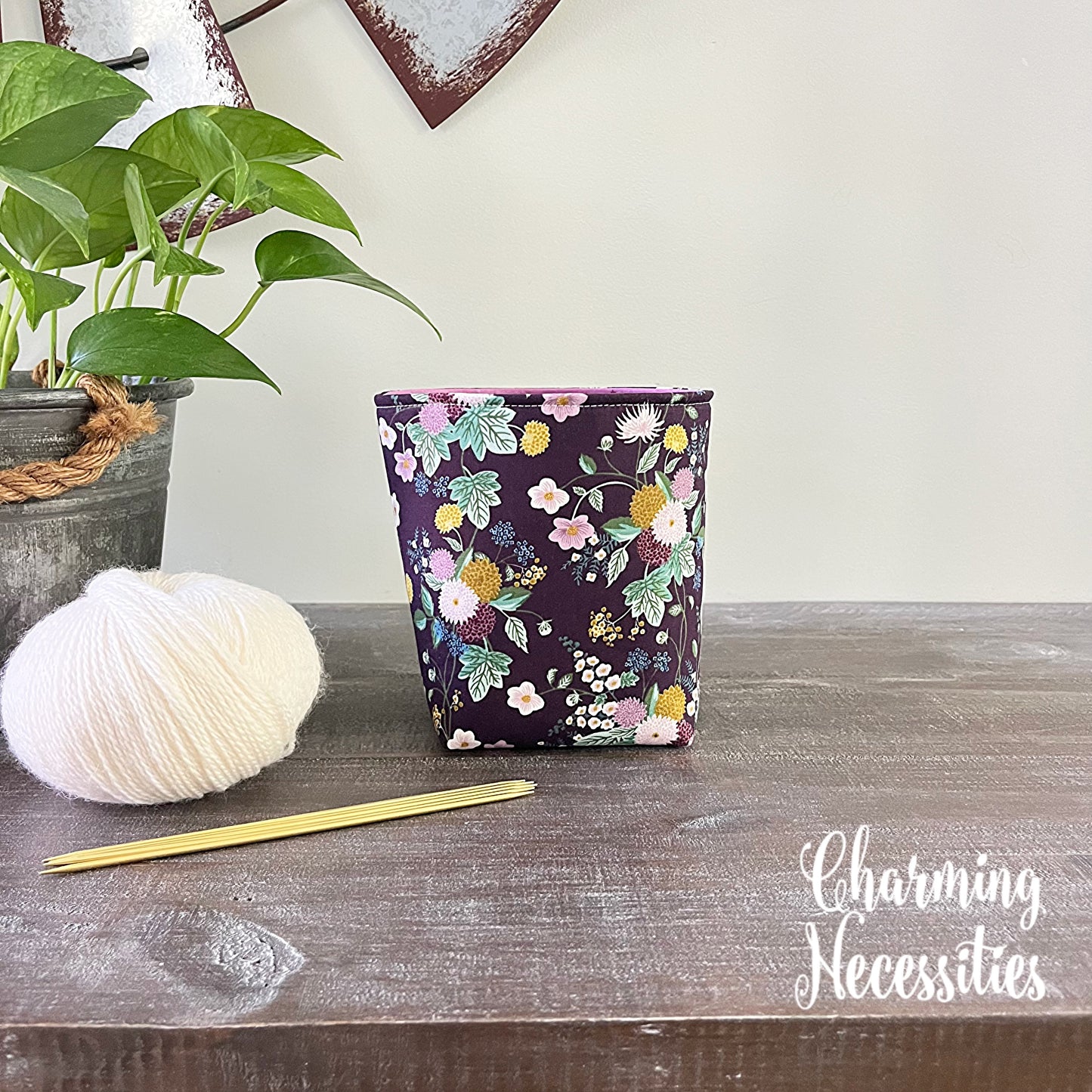 Yarn Bowl Cozy Basket, Rifle Paper Co Dahlia Aubergine, Knitting Accessories Yarn Storage Organization