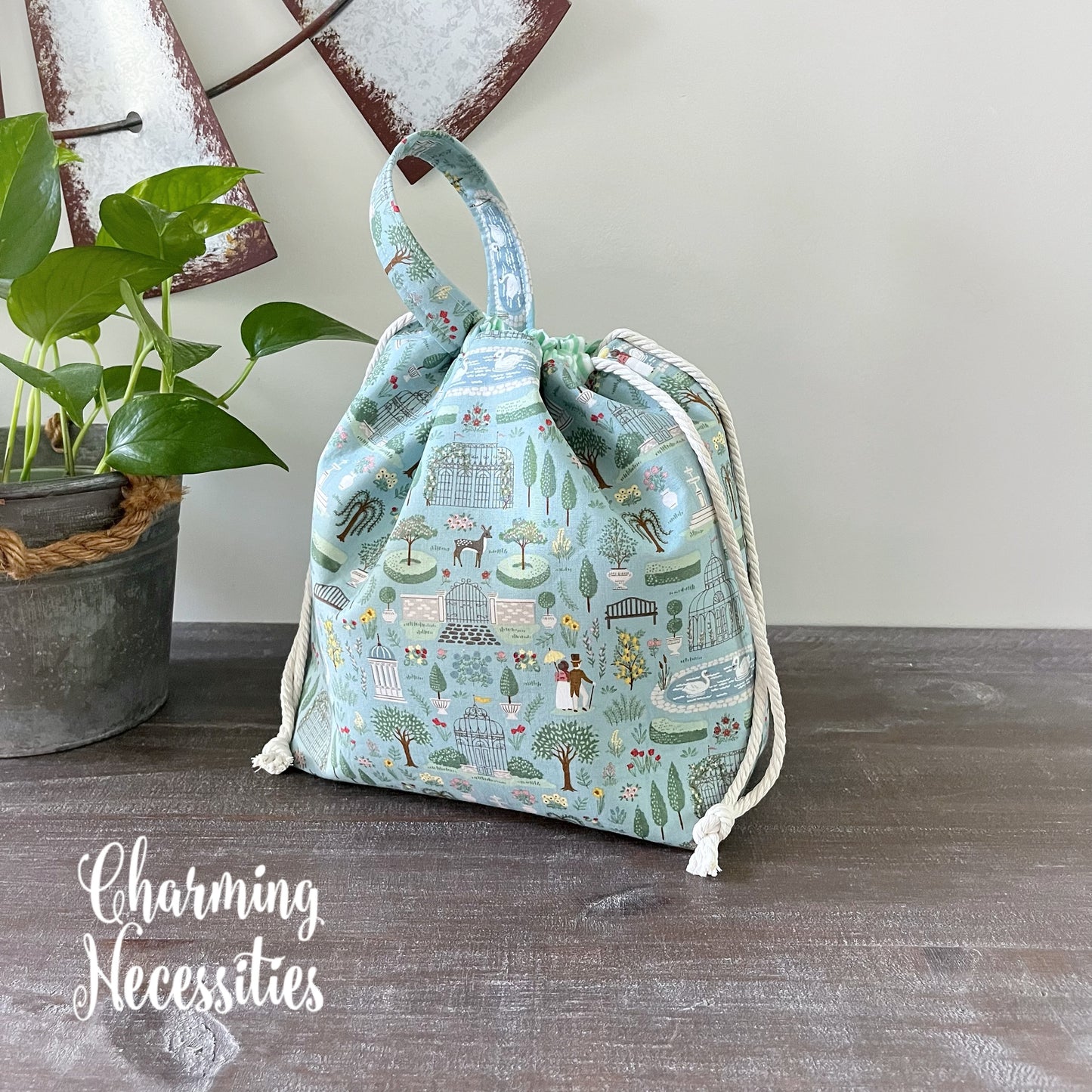 Knitting Project Bag, Regency Promenade Blue Drawstring Tote