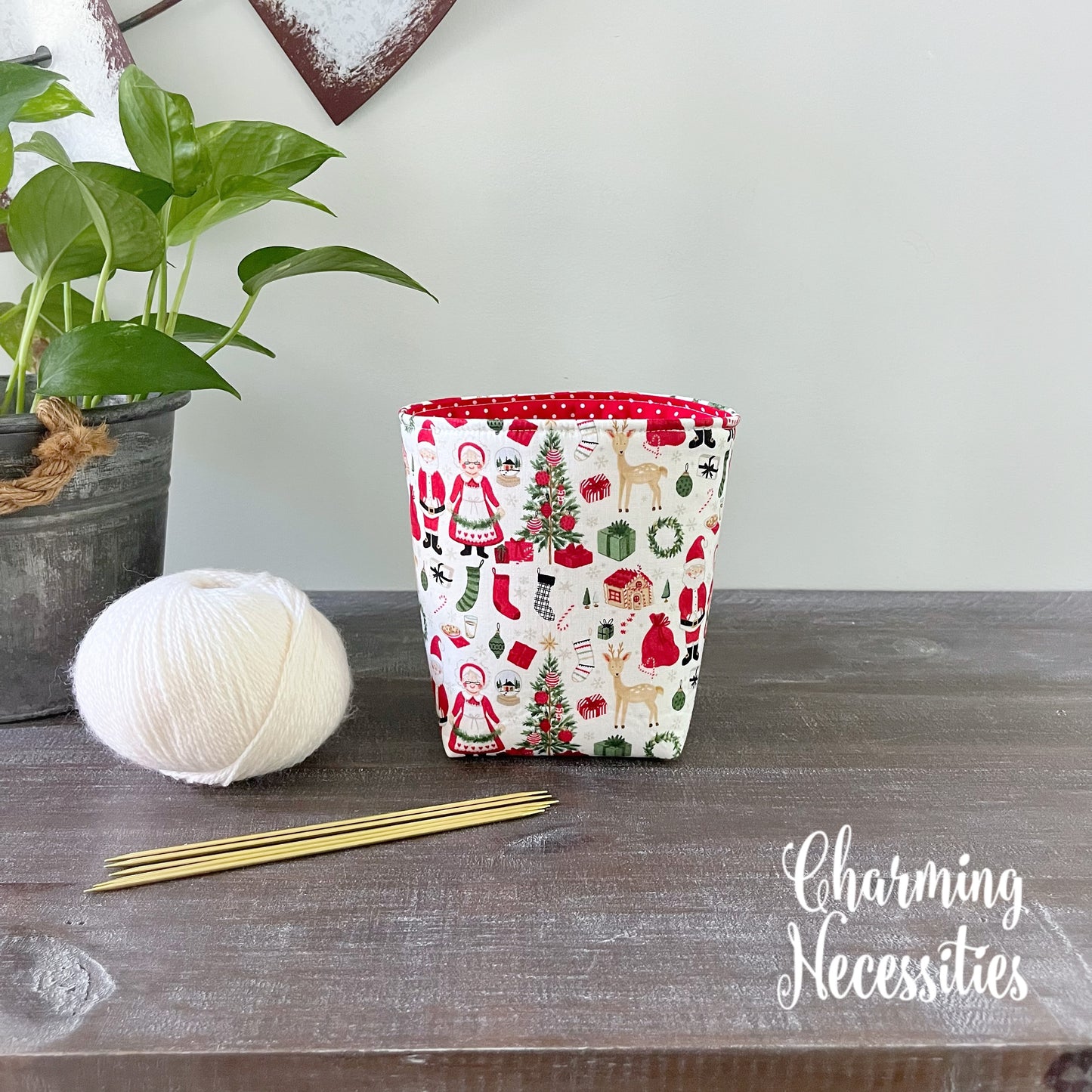 Yarn Bowl Cozy Basket, Santa and Mrs Claus Christmas Knitting Accessories Yarn Storage Organization