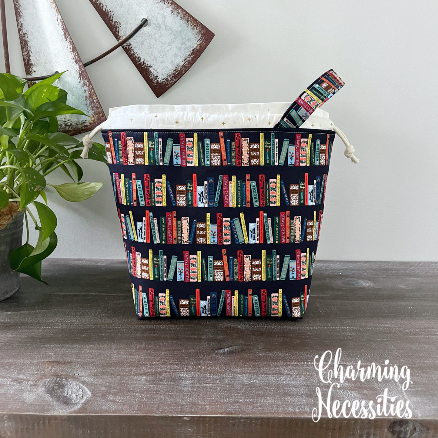 Knitting Project Bag, Rifle Paper Co Book Club on Navy Drawstring Tote