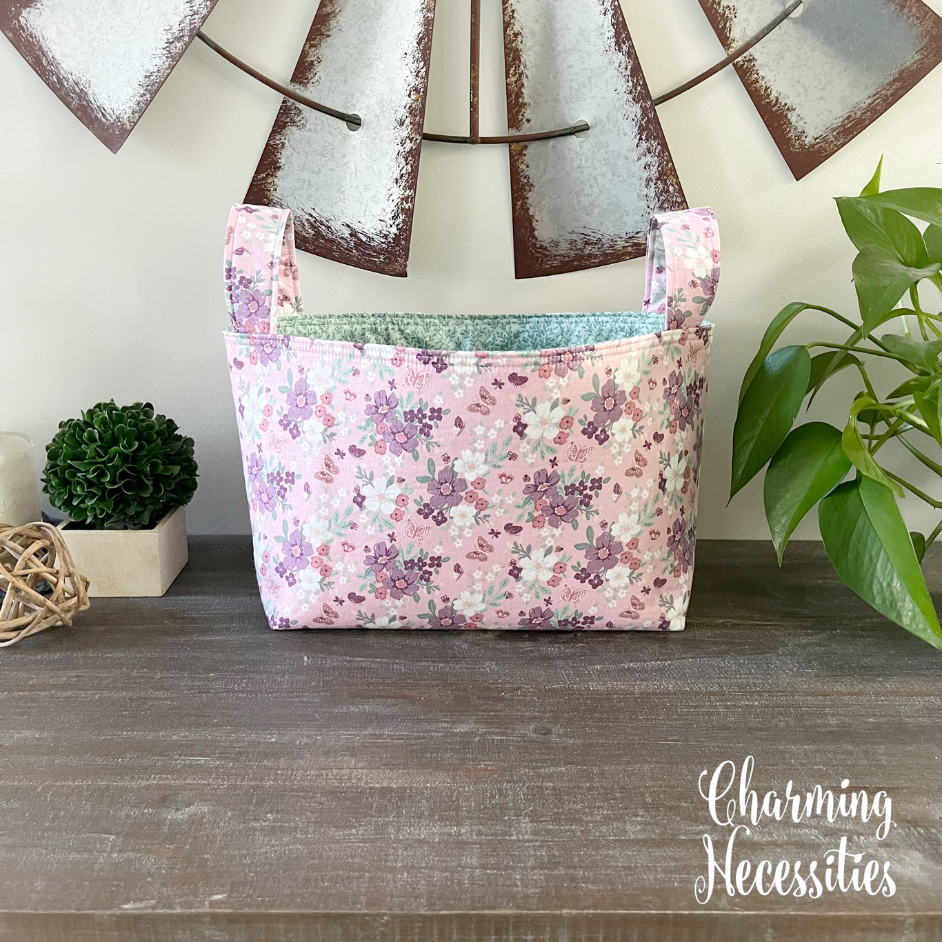 Yarn Storage Basket, Floral & Butterflies Pink Mint, Gifts for Knitters, Knitting Accessories